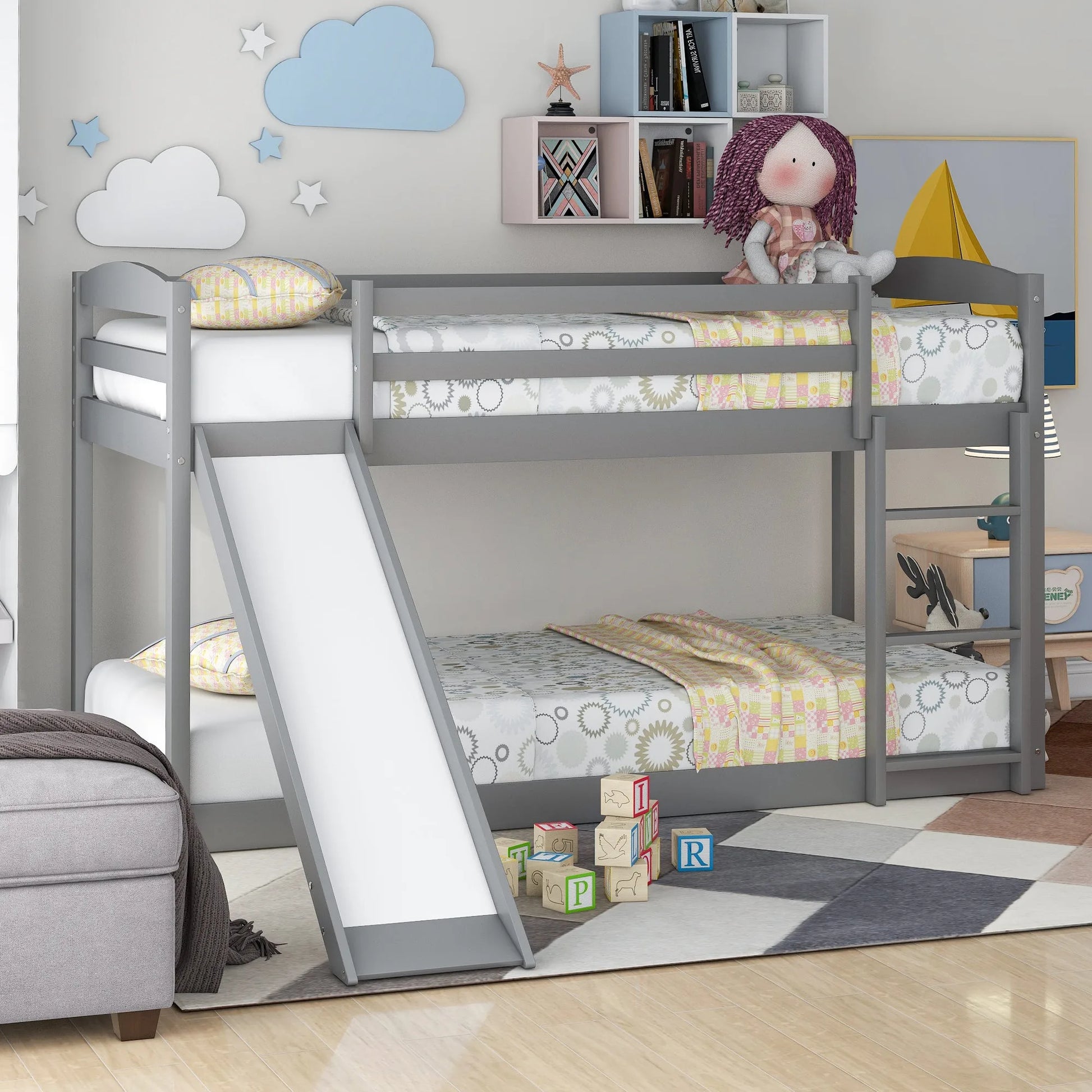 White Twin over Twin Bunk Bed with Convertible Slide and Ladder, Pine Wood and MDF, 79.3''L x 84.4''W x 46.5''H detail view 23