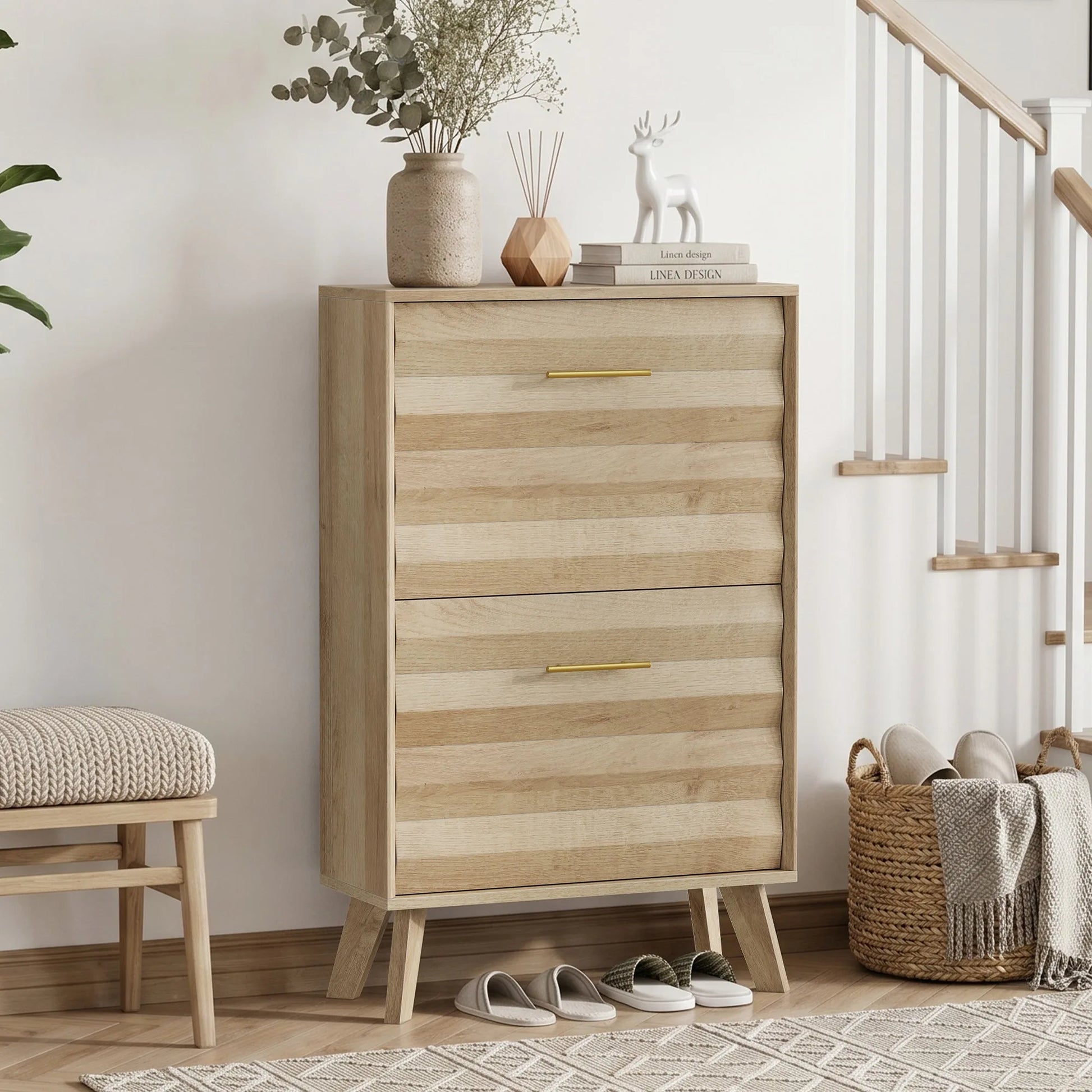 Oak Wood Slim Flip-Top Shoe Cabinet, Mid-Century Modern Freestanding Entryway Storage with Dual Tilt-Top Doors, Light Oak Finish, Particle Board+MDF, 23.6-inch lifestyle view