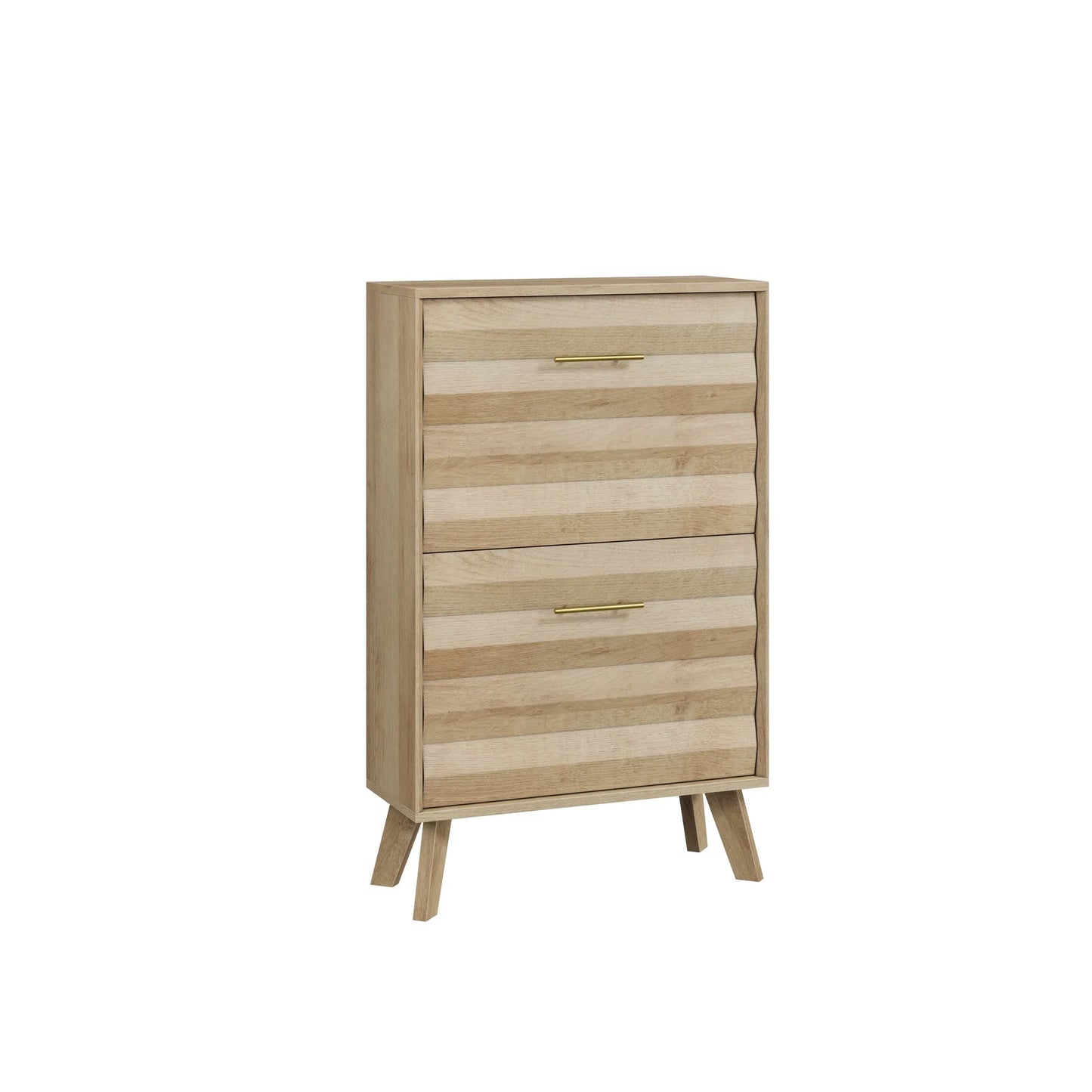 Oak Wood Slim Flip-Top Shoe Cabinet, Mid-Century Modern Freestanding Entryway Storage with Dual Tilt-Top Doors, Light Oak Finish, Particle Board+MDF, 23.6-inch detail view 2