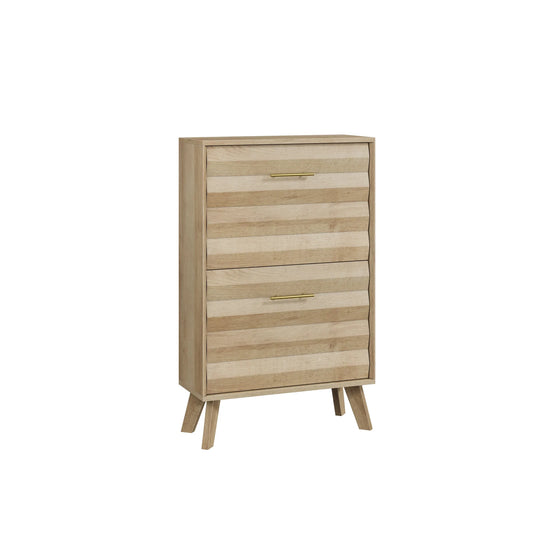 Oak Wood Slim Flip-Top Shoe Cabinet, Mid-Century Modern Freestanding Entryway Storage with Dual Tilt-Top Doors, Light Oak Finish, Particle Board+MDF, 23.6-inch detail view 2