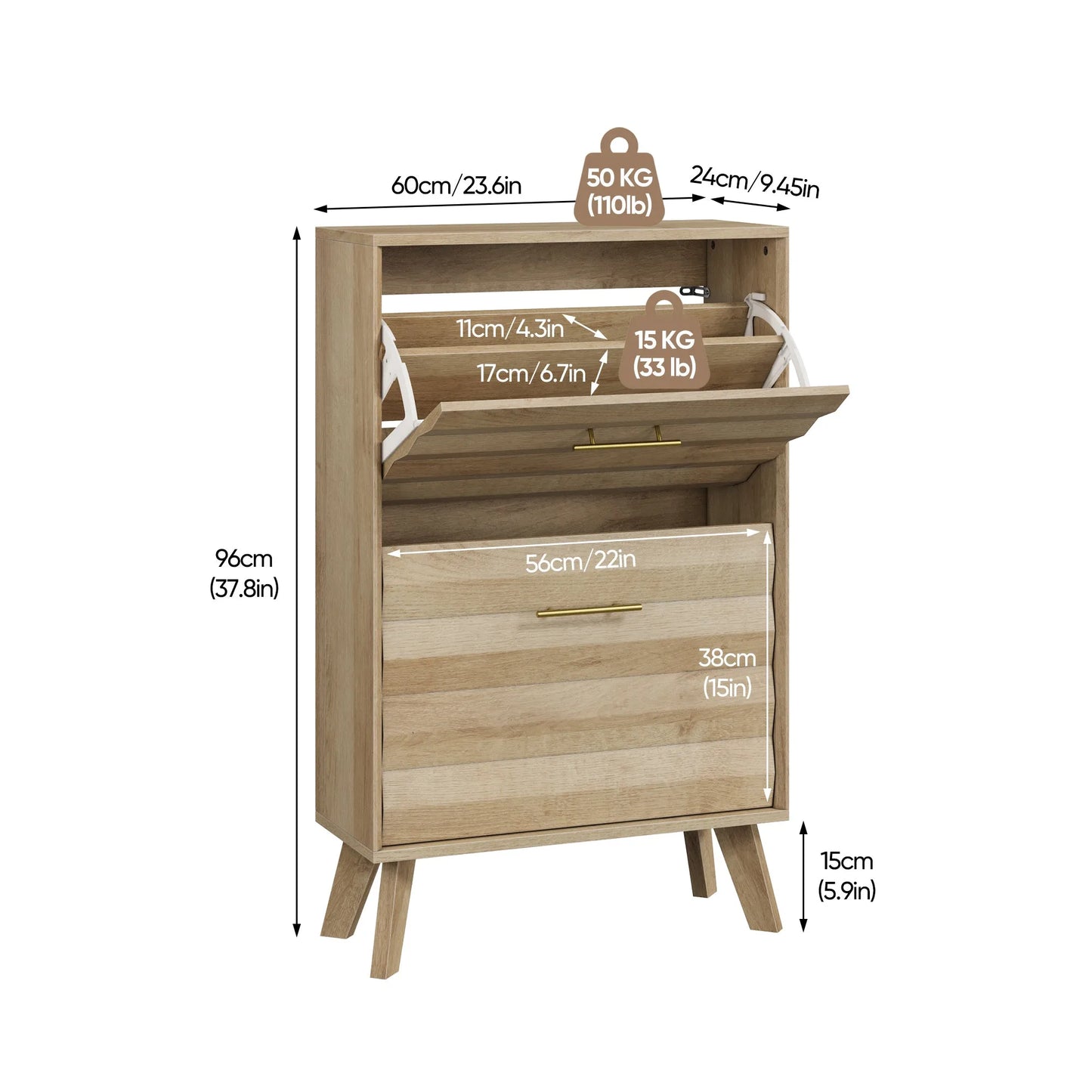 Oak Wood Slim Flip-Top Shoe Cabinet, Mid-Century Modern Freestanding Entryway Storage with Dual Tilt-Top Doors, Light Oak Finish, Particle Board+MDF, 23.6-inch detail view 3