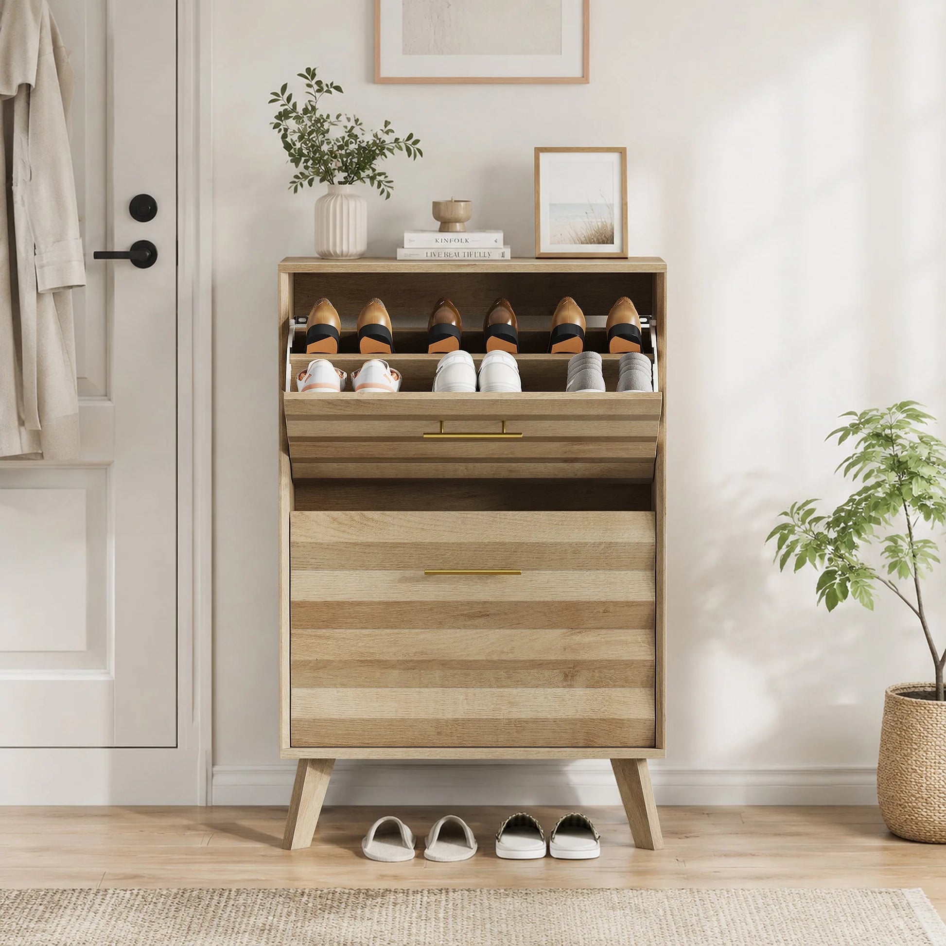 Oak Wood Slim Flip-Top Shoe Cabinet, Mid-Century Modern Freestanding Entryway Storage with Dual Tilt-Top Doors, Light Oak Finish, Particle Board+MDF, 23.6-inch detail view 4