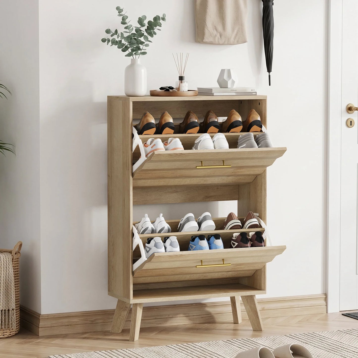Oak Wood Slim Flip-Top Shoe Cabinet, Mid-Century Modern Freestanding Entryway Storage with Dual Tilt-Top Doors, Light Oak Finish, Particle Board+MDF, 23.6-inch detail view 5
