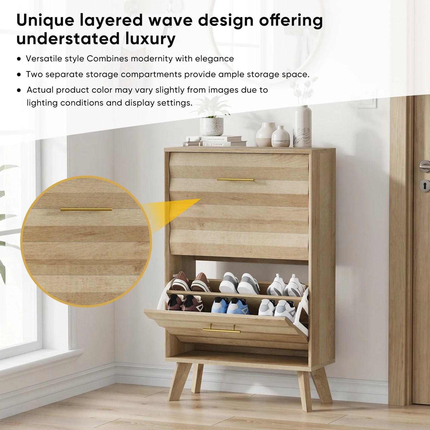 Oak Wood Slim Flip-Top Shoe Cabinet, Mid-Century Modern Freestanding Entryway Storage with Dual Tilt-Top Doors, Light Oak Finish, Particle Board+MDF, 23.6-inch detail view 6