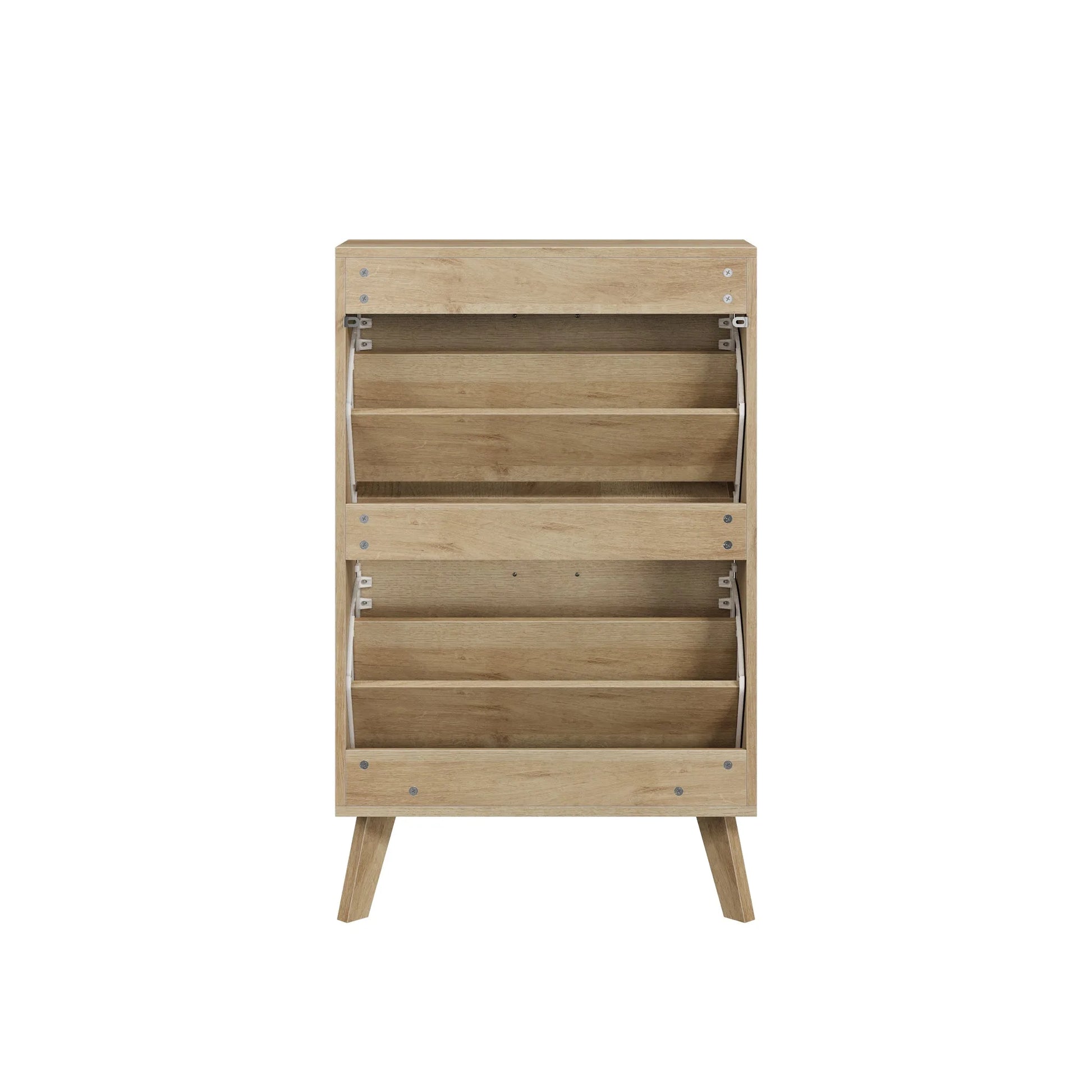 Oak Wood Slim Flip-Top Shoe Cabinet, Mid-Century Modern Freestanding Entryway Storage with Dual Tilt-Top Doors, Light Oak Finish, Particle Board+MDF, 23.6-inch detail view 9