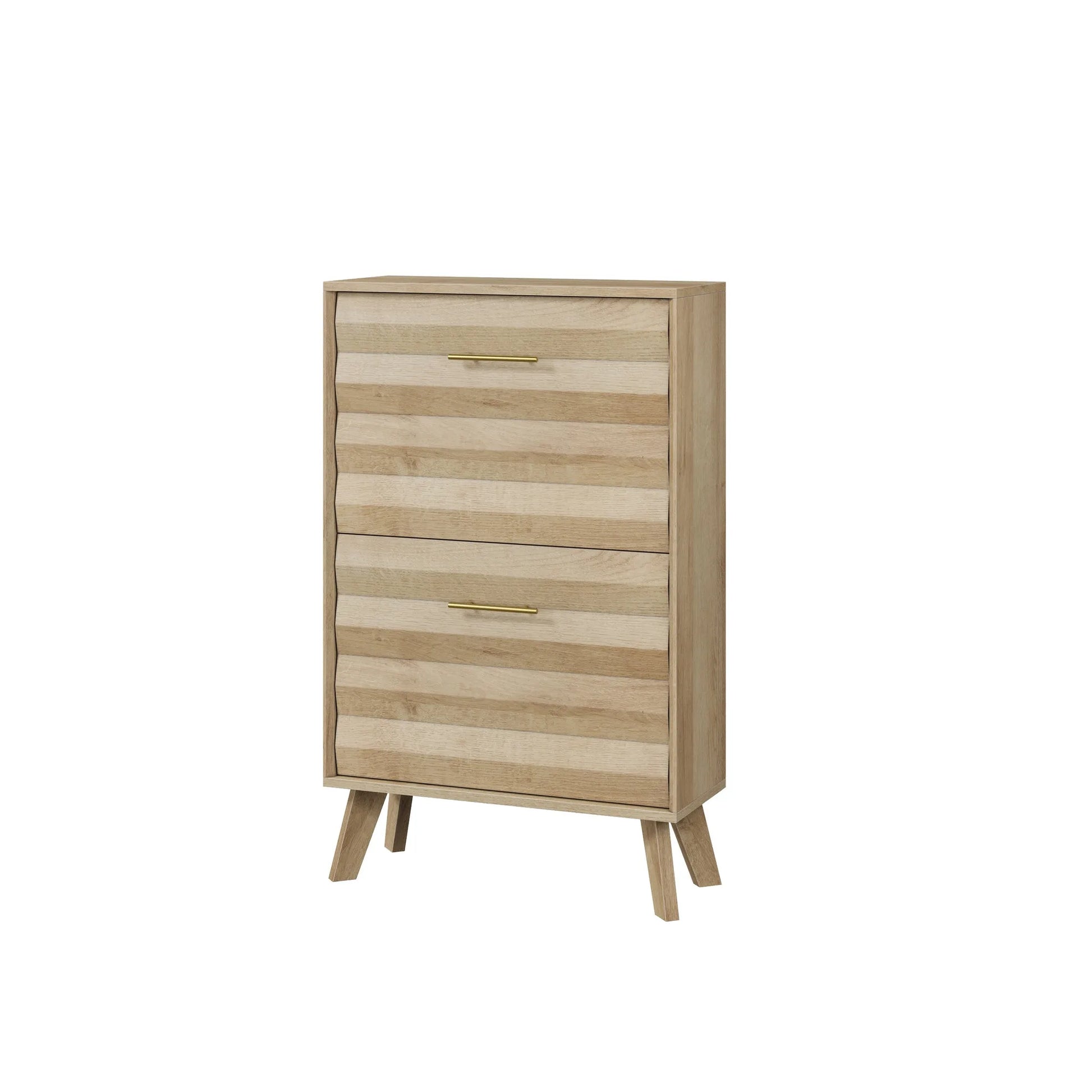 Oak Wood Slim Flip-Top Shoe Cabinet, Mid-Century Modern Freestanding Entryway Storage with Dual Tilt-Top Doors, Light Oak Finish, Particle Board+MDF, 23.6-inch detail view 10