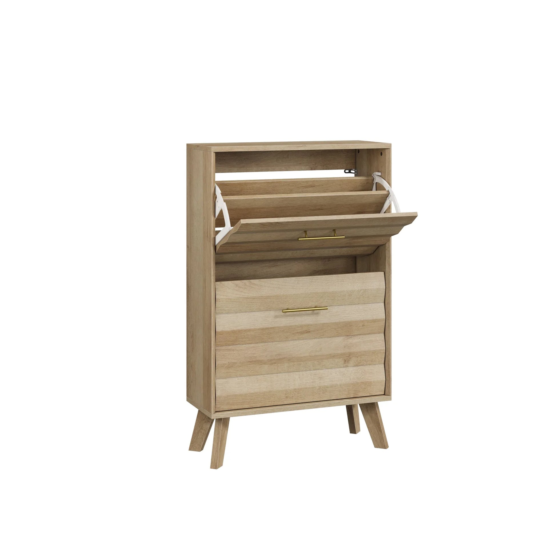Oak Wood Slim Flip-Top Shoe Cabinet, Mid-Century Modern Freestanding Entryway Storage with Dual Tilt-Top Doors, Light Oak Finish, Particle Board+MDF, 23.6-inch detail view 12