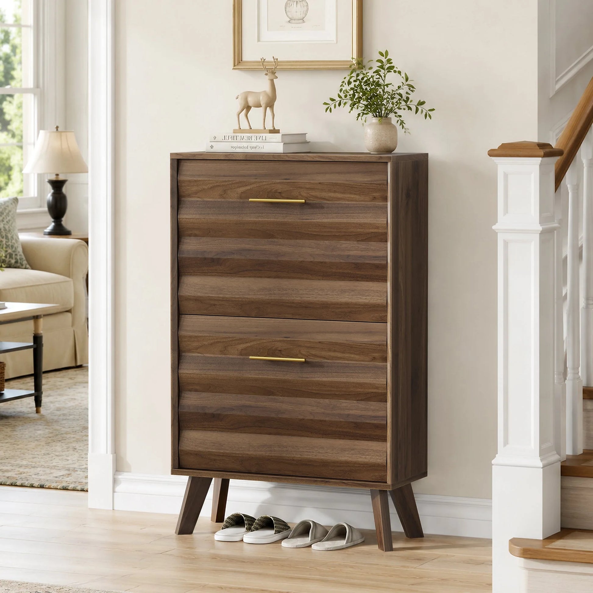 Oak Wood Slim Flip-Top Shoe Cabinet, Mid-Century Modern Freestanding Entryway Storage with Dual Tilt-Top Doors, Light Oak Finish, Particle Board+MDF, 23.6-inch detail view 22