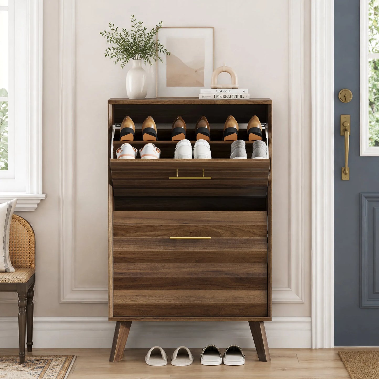 Oak Wood Slim Flip-Top Shoe Cabinet, Mid-Century Modern Freestanding Entryway Storage with Dual Tilt-Top Doors, Light Oak Finish, Particle Board+MDF, 23.6-inch detail view 24