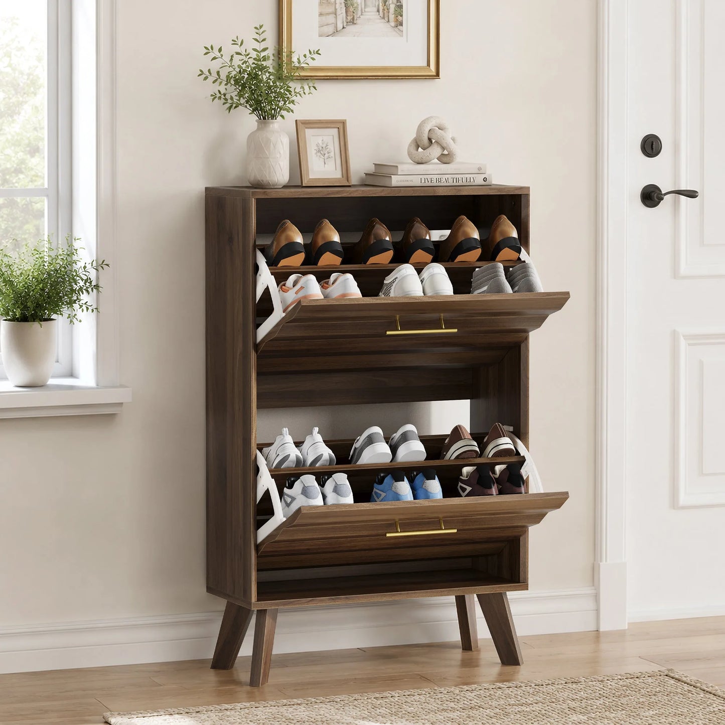 Oak Wood Slim Flip-Top Shoe Cabinet, Mid-Century Modern Freestanding Entryway Storage with Dual Tilt-Top Doors, Light Oak Finish, Particle Board+MDF, 23.6-inch detail view 25