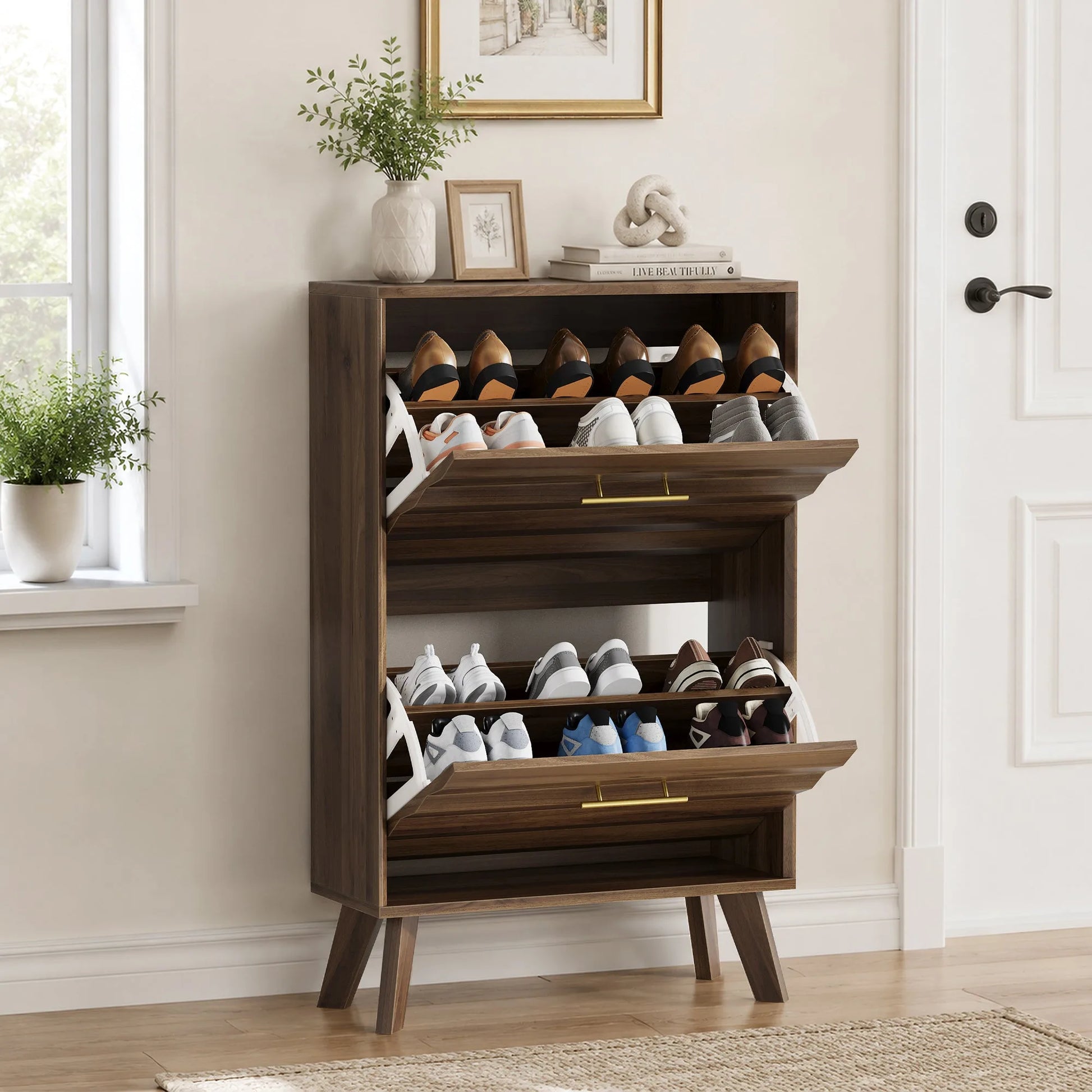 Oak Wood Slim Flip-Top Shoe Cabinet, Mid-Century Modern Freestanding Entryway Storage with Dual Tilt-Top Doors, Light Oak Finish, Particle Board+MDF, 23.6-inch detail view 25