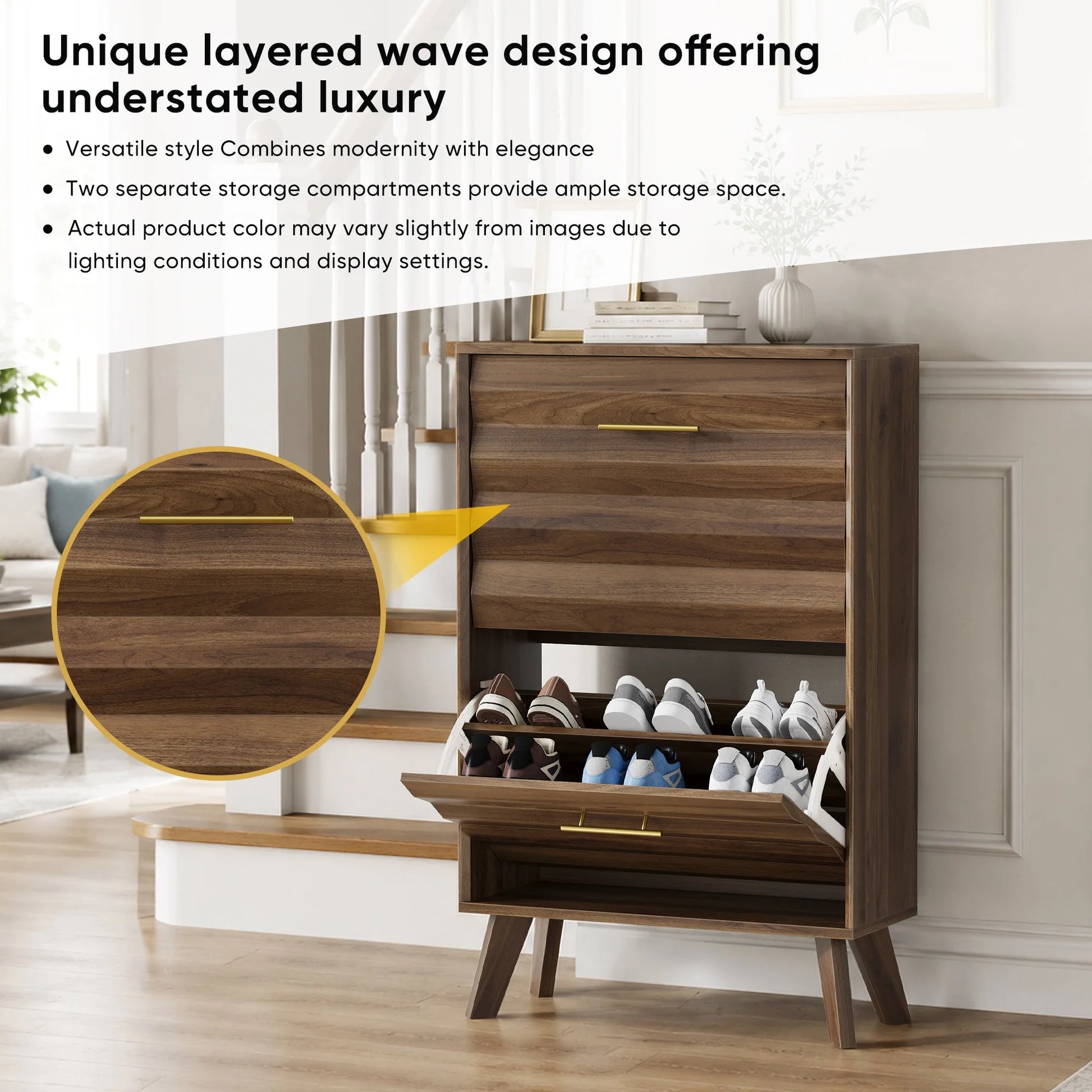 Oak Wood Slim Flip-Top Shoe Cabinet, Mid-Century Modern Freestanding Entryway Storage with Dual Tilt-Top Doors, Light Oak Finish, Particle Board+MDF, 23.6-inch detail view 26