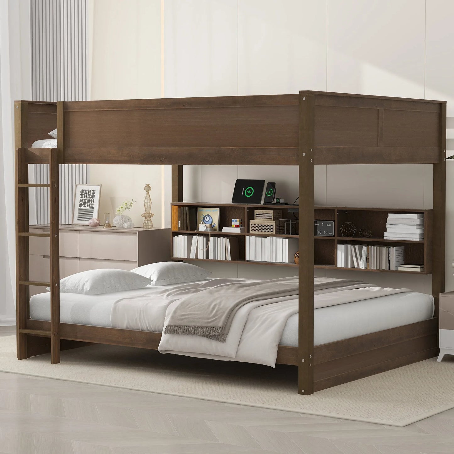 Queen over Queen Bunk Bed with Storage Cabinets and USB Ports in Antique Wood Color, Solid Pine Wood+MDF lifestyle view