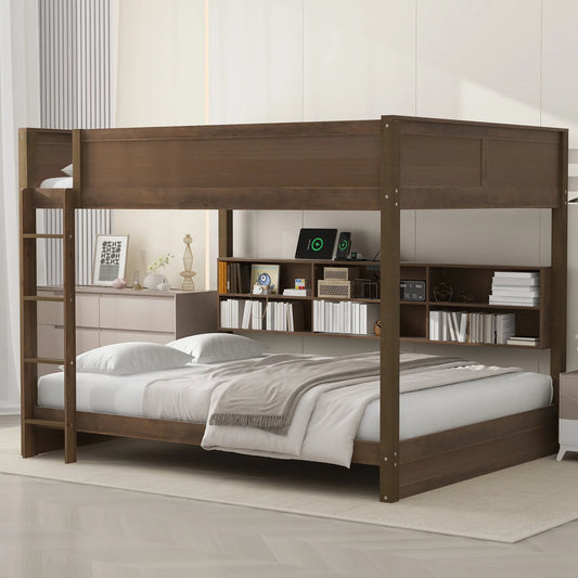 Queen over Queen Bunk Bed with Storage Cabinets and USB Ports in Antique Wood Color, Solid Pine Wood+MDF lifestyle view