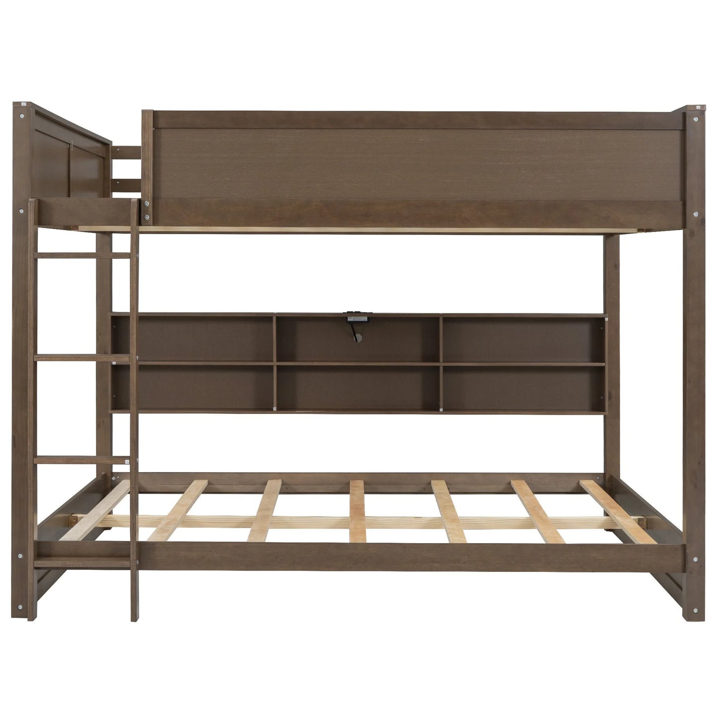 Queen over Queen Bunk Bed with Storage Cabinets and USB Ports in Antique Wood Color, Solid Pine Wood+MDF detail view 2