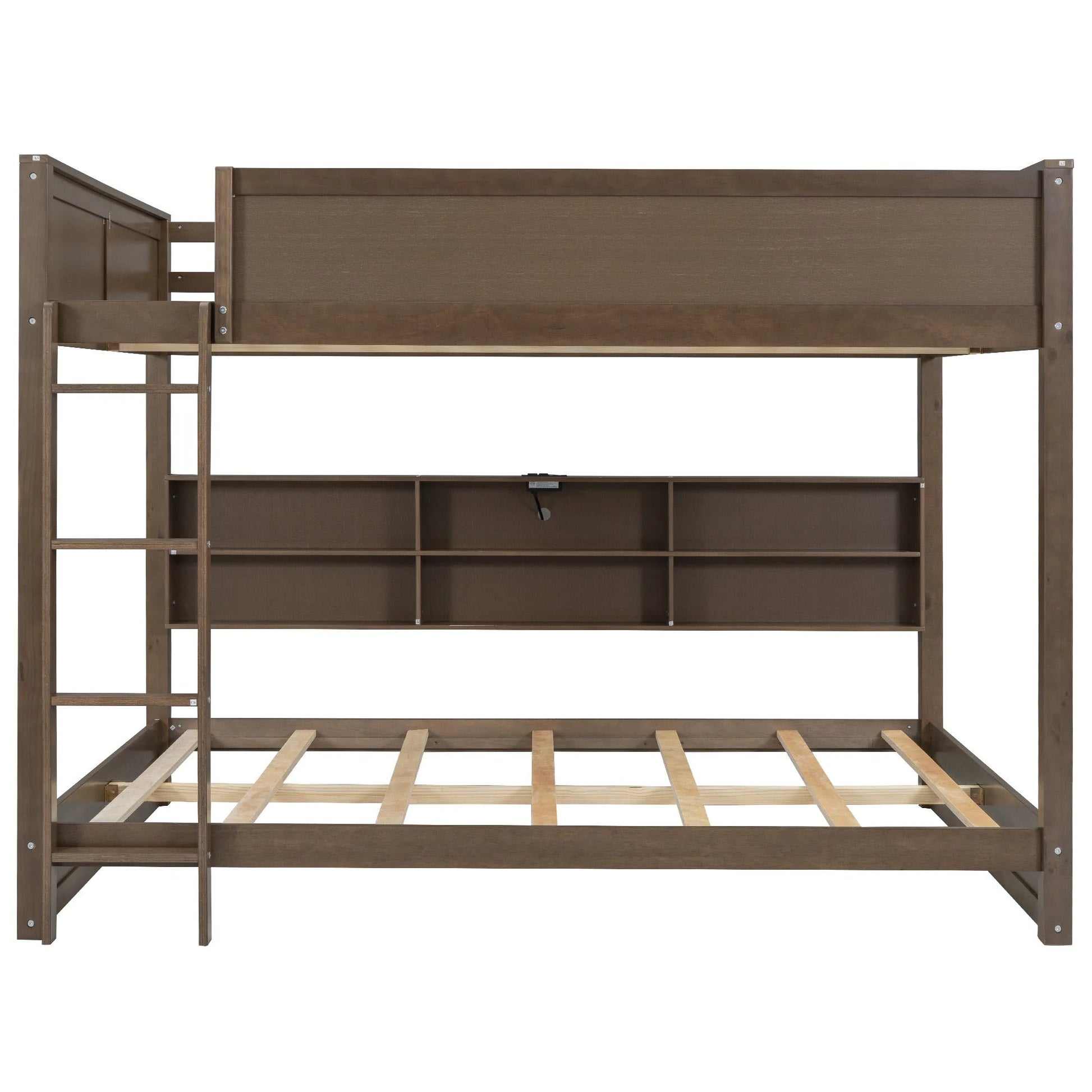 Queen over Queen Bunk Bed with Storage Cabinets and USB Ports in Antique Wood Color, Solid Pine Wood+MDF detail view 2