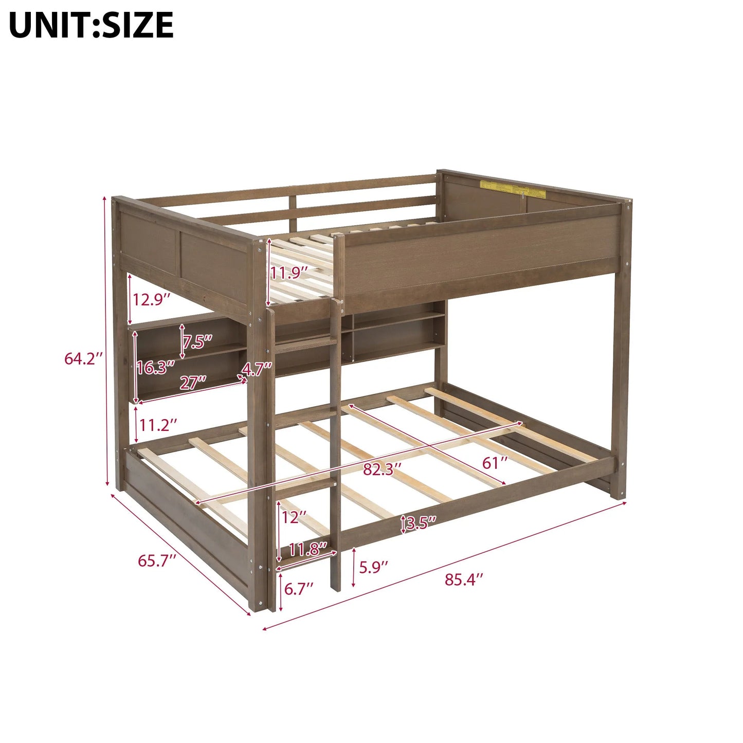 Queen over Queen Bunk Bed with Storage Cabinets and USB Ports in Antique Wood Color, Solid Pine Wood+MDF detail view 3