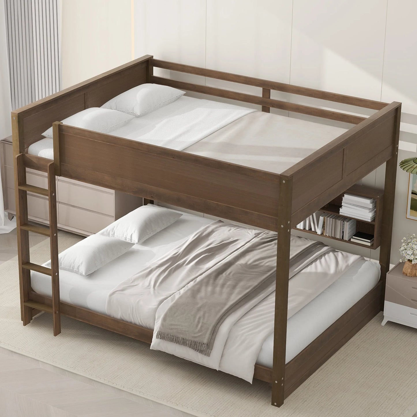 Queen over Queen Bunk Bed with Storage Cabinets and USB Ports in Antique Wood Color, Solid Pine Wood+MDF detail view 4