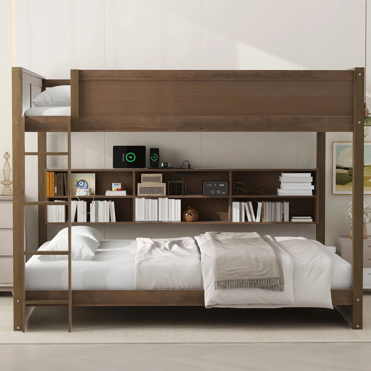 Queen over Queen Bunk Bed with Storage Cabinets and USB Ports in Antique Wood Color, Solid Pine Wood+MDF detail view 5