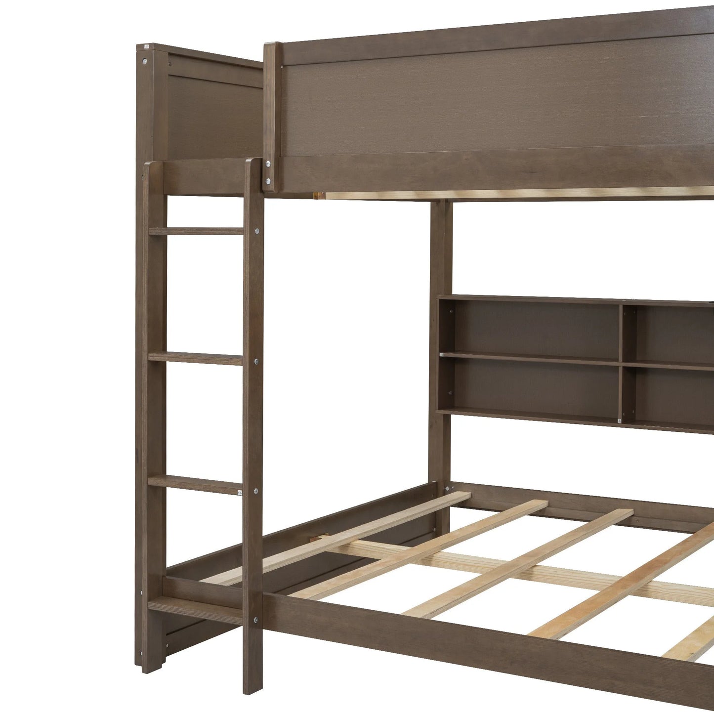 Queen over Queen Bunk Bed with Storage Cabinets and USB Ports in Antique Wood Color, Solid Pine Wood+MDF detail view 6