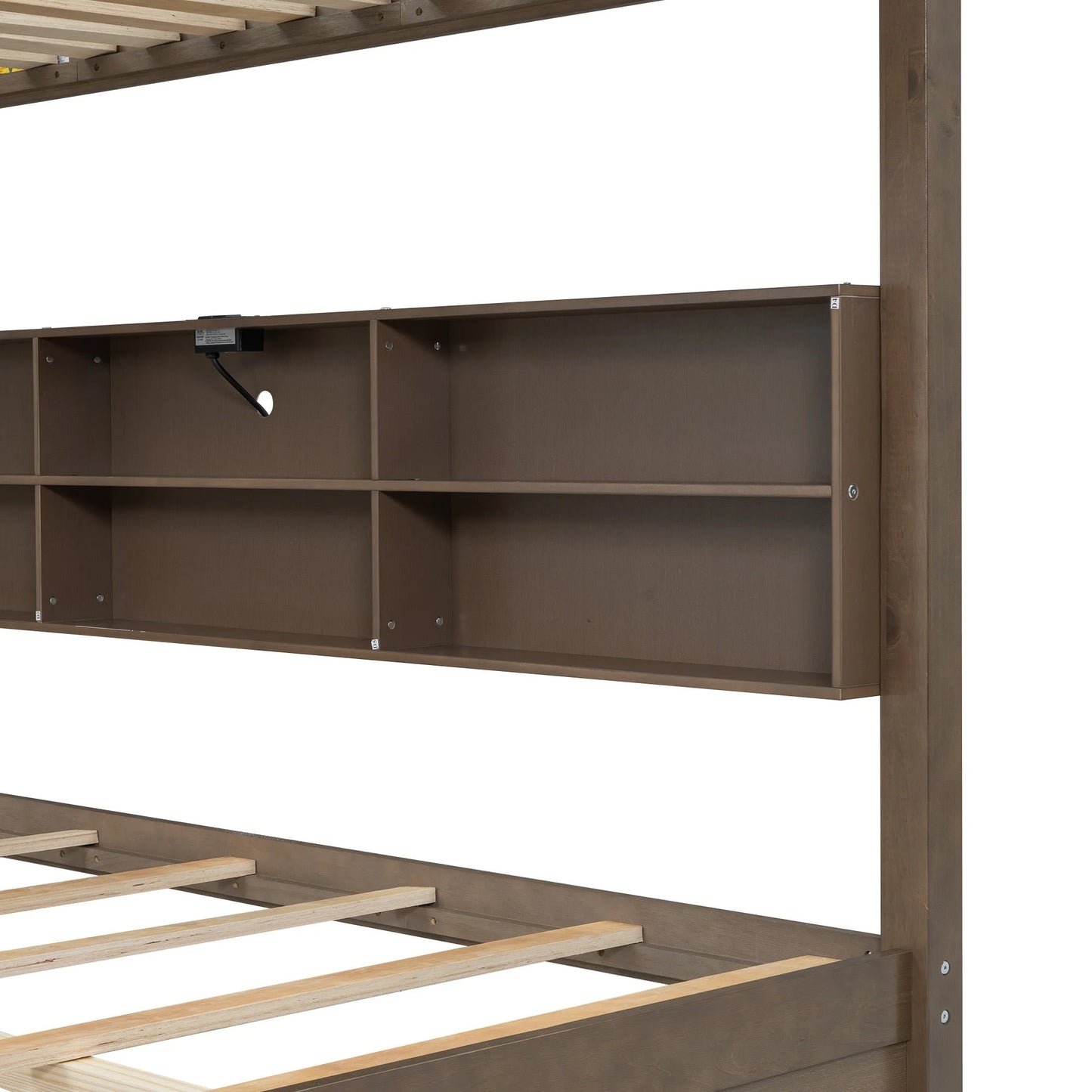 Queen over Queen Bunk Bed with Storage Cabinets and USB Ports in Antique Wood Color, Solid Pine Wood+MDF detail view 7