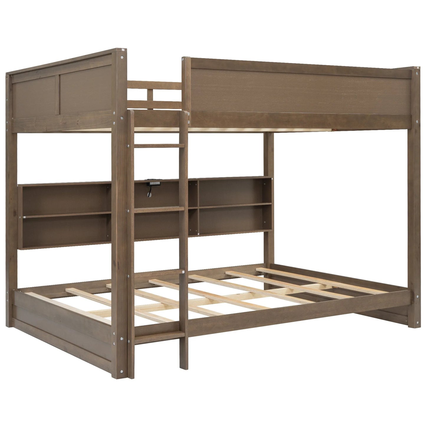 Queen over Queen Bunk Bed with Storage Cabinets and USB Ports in Antique Wood Color, Solid Pine Wood+MDF detail view 8