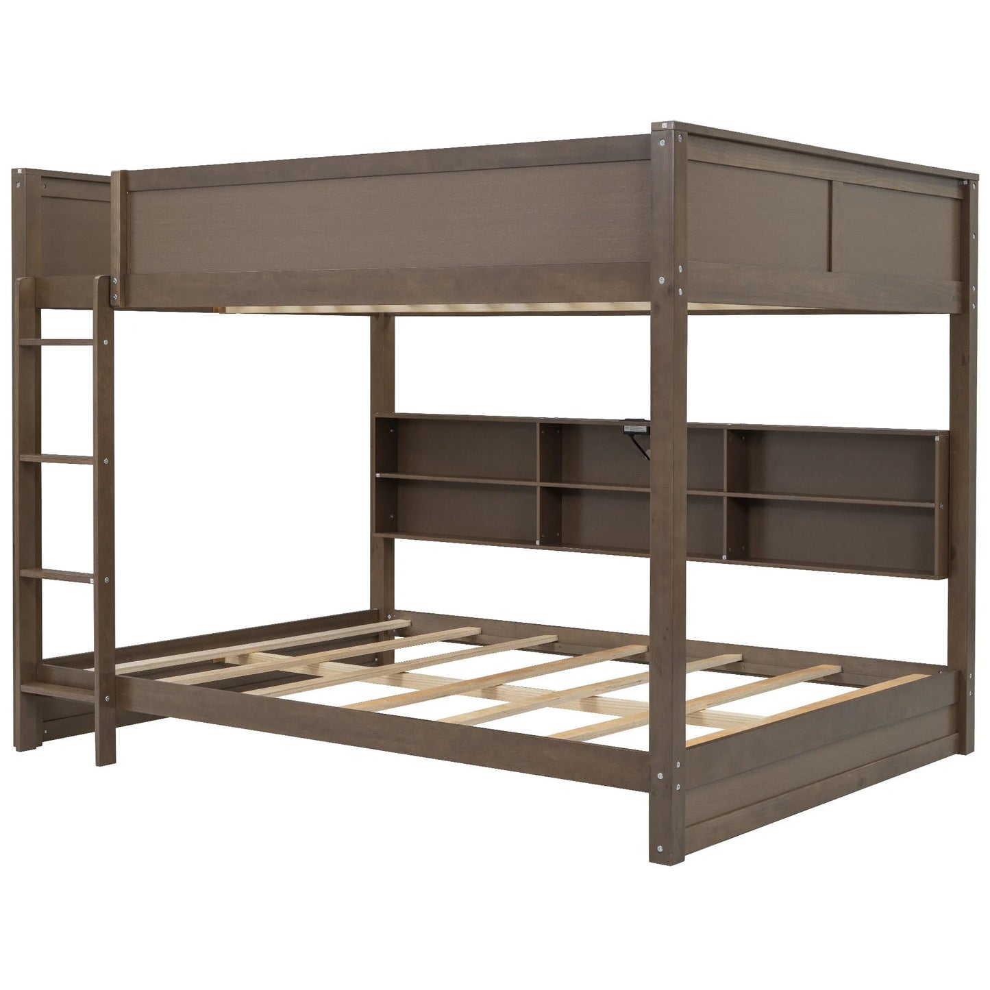 Queen over Queen Bunk Bed with Storage Cabinets and USB Ports in Antique Wood Color, Solid Pine Wood+MDF detail view 9