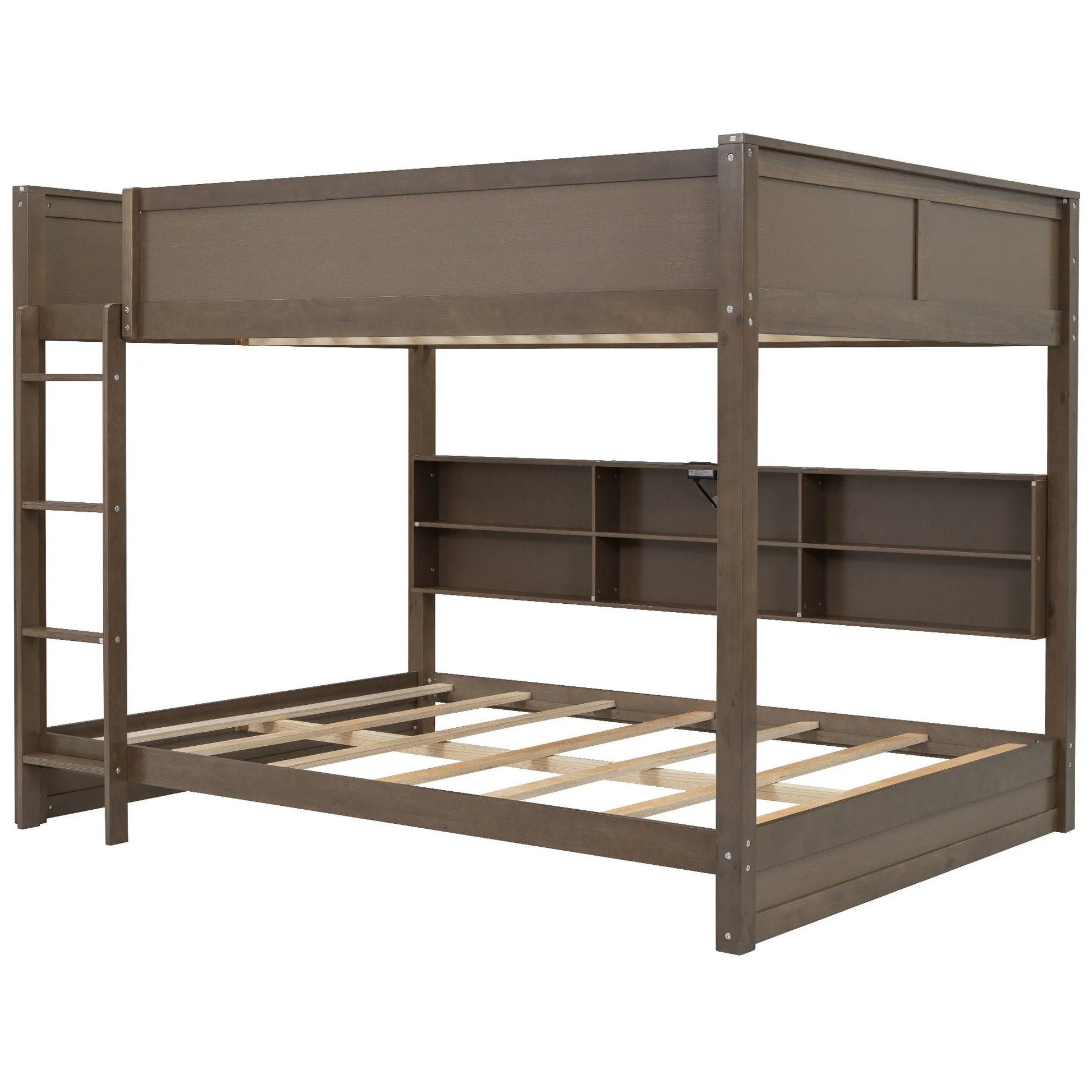 Queen over Queen Bunk Bed with Storage Cabinets and USB Ports in Antique Wood Color, Solid Pine Wood+MDF detail view 9
