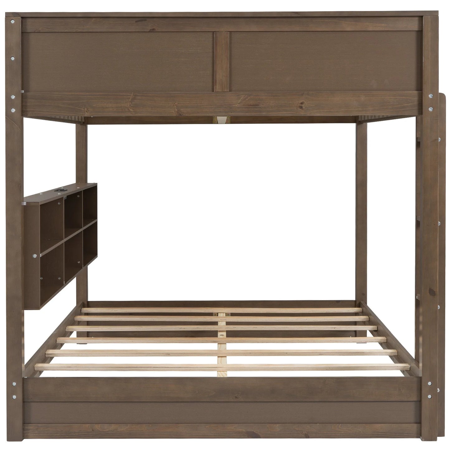 Queen over Queen Bunk Bed with Storage Cabinets and USB Ports in Antique Wood Color, Solid Pine Wood+MDF detail view 13