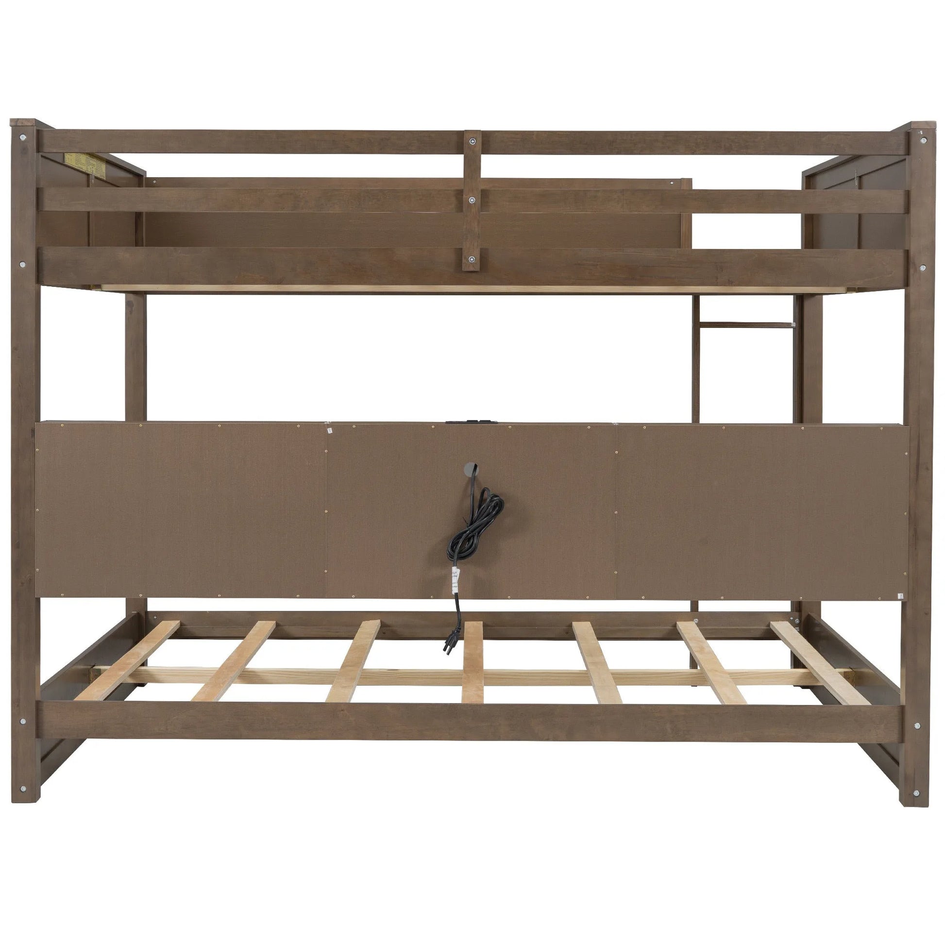 Queen over Queen Bunk Bed with Storage Cabinets and USB Ports in Antique Wood Color, Solid Pine Wood+MDF detail view 14