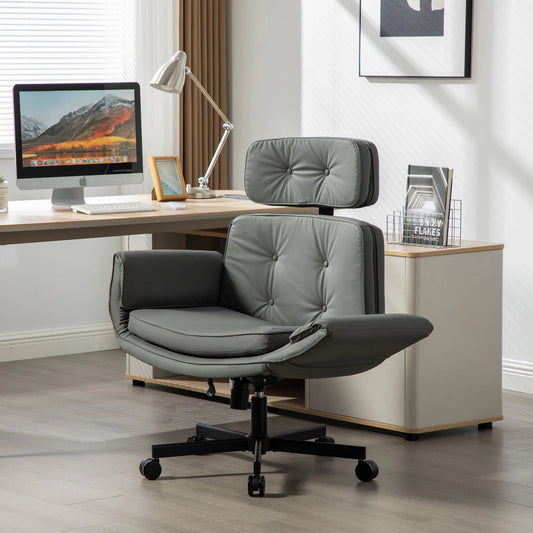 Criss Cross Chair with Adjustable Armrests & Wheels & Headrest, PU Lounge Vanity Desk Chair with Wide Seat for Cross-Legged Sitting, Swivel Task Office Chairs for Home, Makeup, Gaming, Office, Gray lifestyle view
