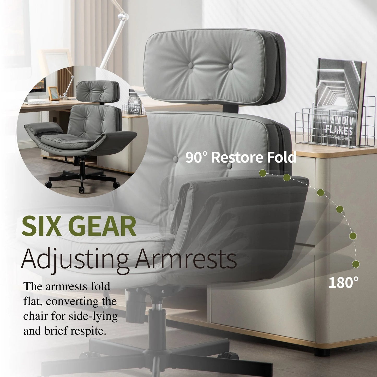 Criss Cross Chair with Adjustable Armrests & Wheels & Headrest, PU Lounge Vanity Desk Chair with Wide Seat for Cross-Legged Sitting, Swivel Task Office Chairs for Home, Makeup, Gaming, Office, Gray detail view 2