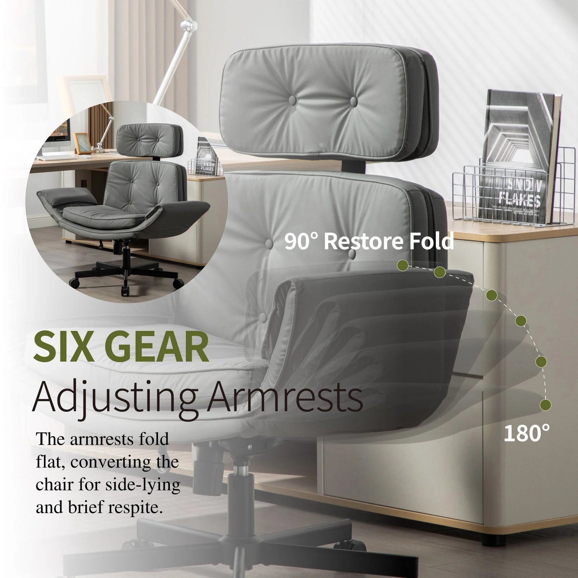 Criss Cross Chair with Adjustable Armrests & Wheels & Headrest, PU Lounge Vanity Desk Chair with Wide Seat for Cross-Legged Sitting, Swivel Task Office Chairs for Home, Makeup, Gaming, Office, Gray detail view 2