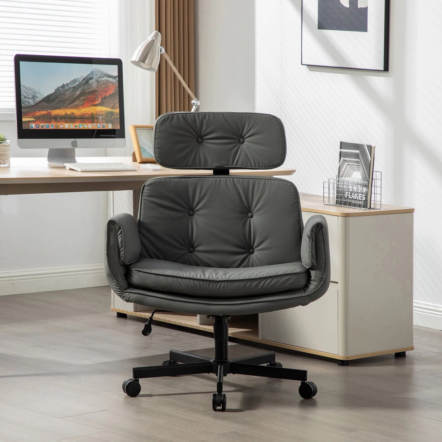 Criss Cross Chair with Adjustable Armrests & Wheels & Headrest, PU Lounge Vanity Desk Chair with Wide Seat for Cross-Legged Sitting, Swivel Task Office Chairs for Home, Makeup, Gaming, Office, Gray detail view 3