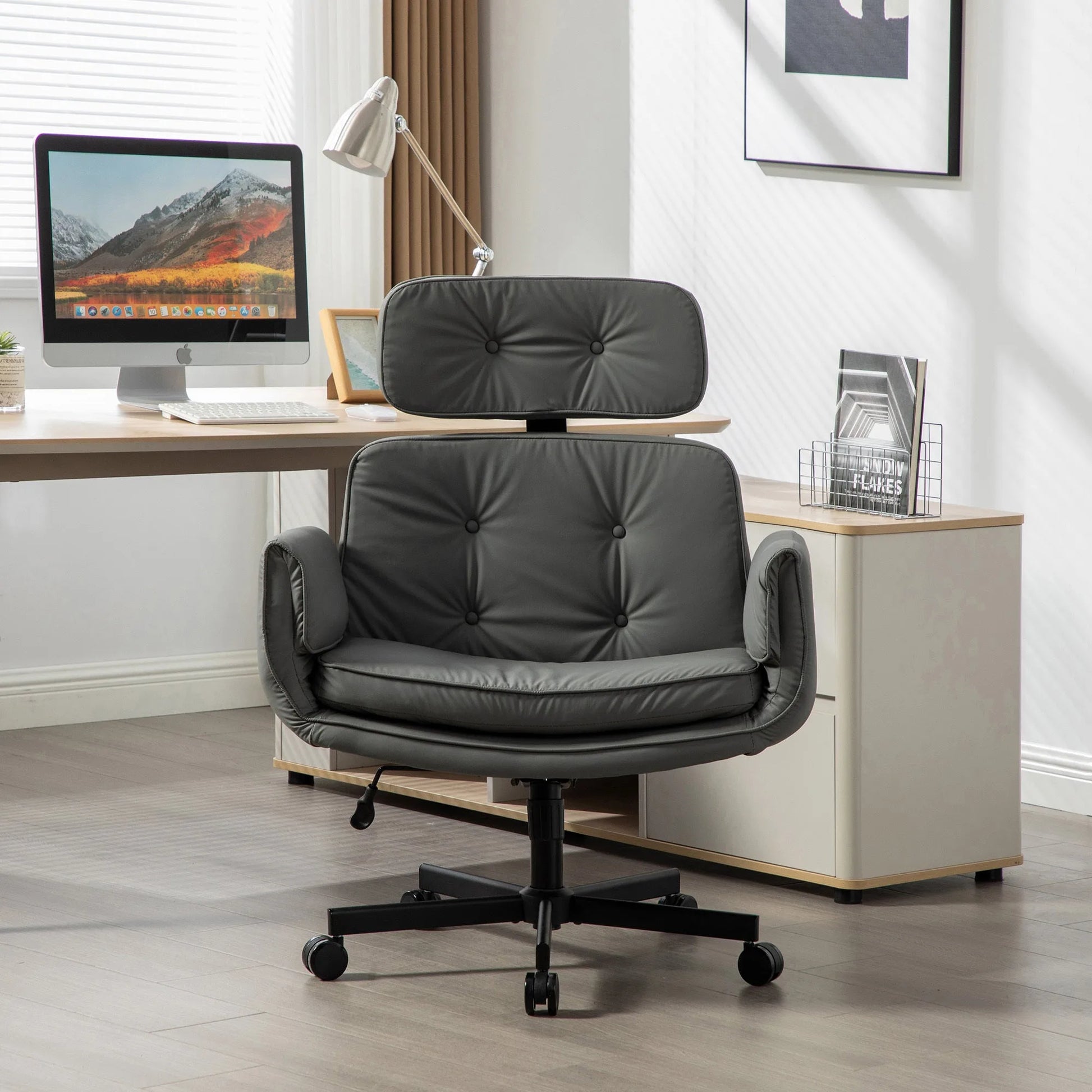 Criss Cross Chair with Adjustable Armrests & Wheels & Headrest, PU Lounge Vanity Desk Chair with Wide Seat for Cross-Legged Sitting, Swivel Task Office Chairs for Home, Makeup, Gaming, Office, Gray detail view 3