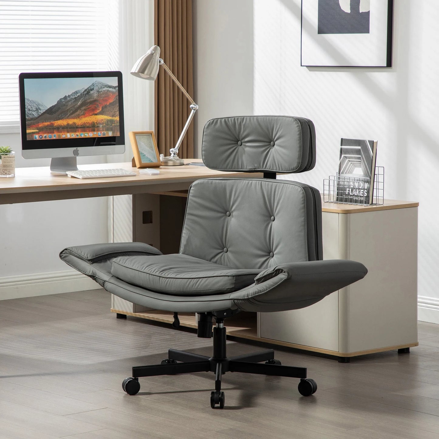 Criss Cross Chair with Adjustable Armrests & Wheels & Headrest, PU Lounge Vanity Desk Chair with Wide Seat for Cross-Legged Sitting, Swivel Task Office Chairs for Home, Makeup, Gaming, Office, Gray detail view 4