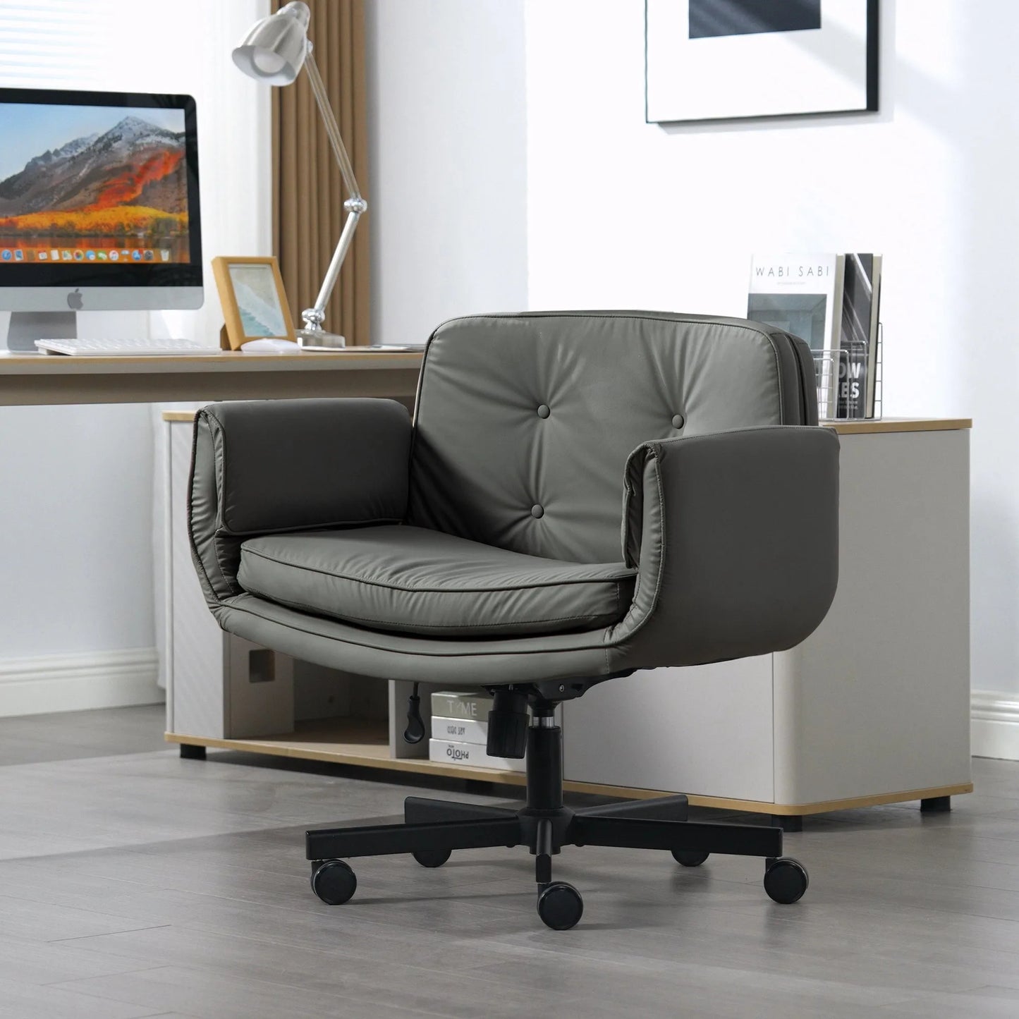 Criss Cross Chair with Adjustable Armrests & Wheels & Headrest, PU Lounge Vanity Desk Chair with Wide Seat for Cross-Legged Sitting, Swivel Task Office Chairs for Home, Makeup, Gaming, Office, Gray detail view 5