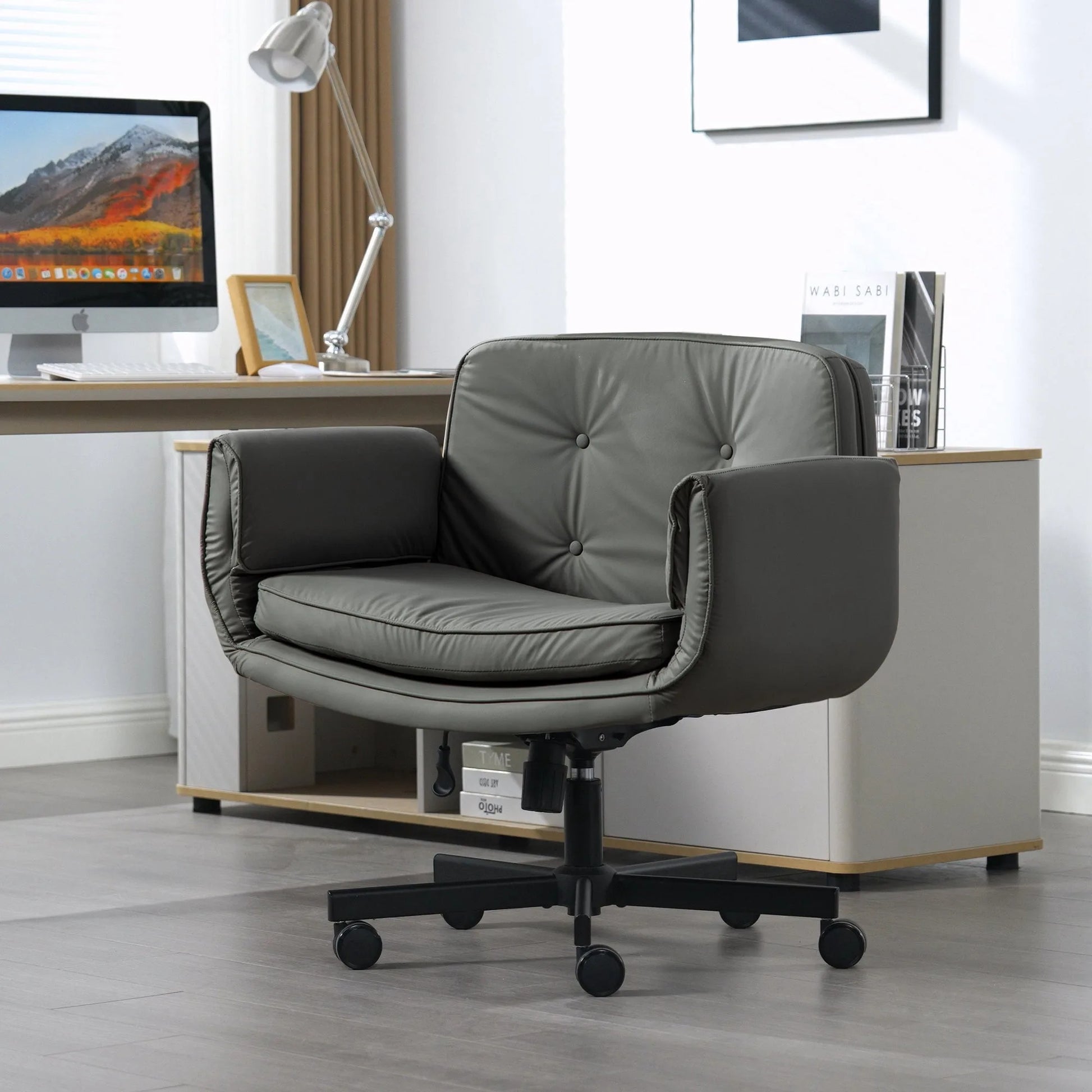 Criss Cross Chair with Adjustable Armrests & Wheels & Headrest, PU Lounge Vanity Desk Chair with Wide Seat for Cross-Legged Sitting, Swivel Task Office Chairs for Home, Makeup, Gaming, Office, Gray detail view 5