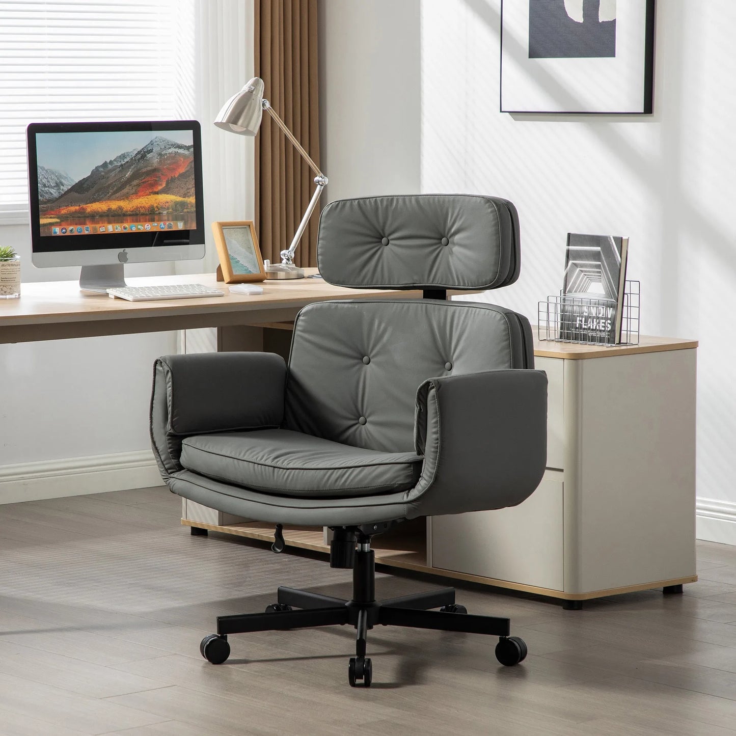 Criss Cross Chair with Adjustable Armrests & Wheels & Headrest, PU Lounge Vanity Desk Chair with Wide Seat for Cross-Legged Sitting, Swivel Task Office Chairs for Home, Makeup, Gaming, Office, Gray detail view 8