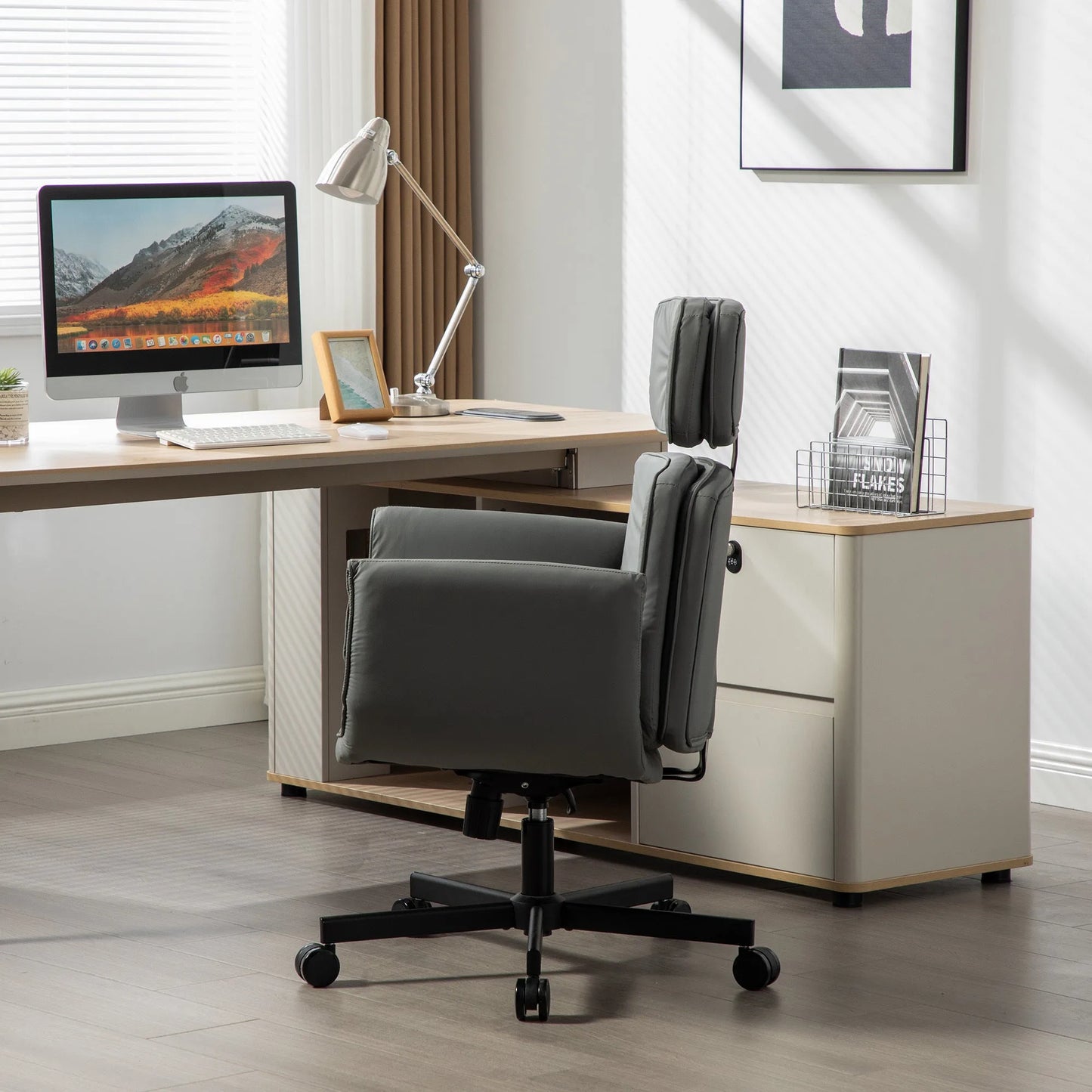 Criss Cross Chair with Adjustable Armrests & Wheels & Headrest, PU Lounge Vanity Desk Chair with Wide Seat for Cross-Legged Sitting, Swivel Task Office Chairs for Home, Makeup, Gaming, Office, Gray detail view 9