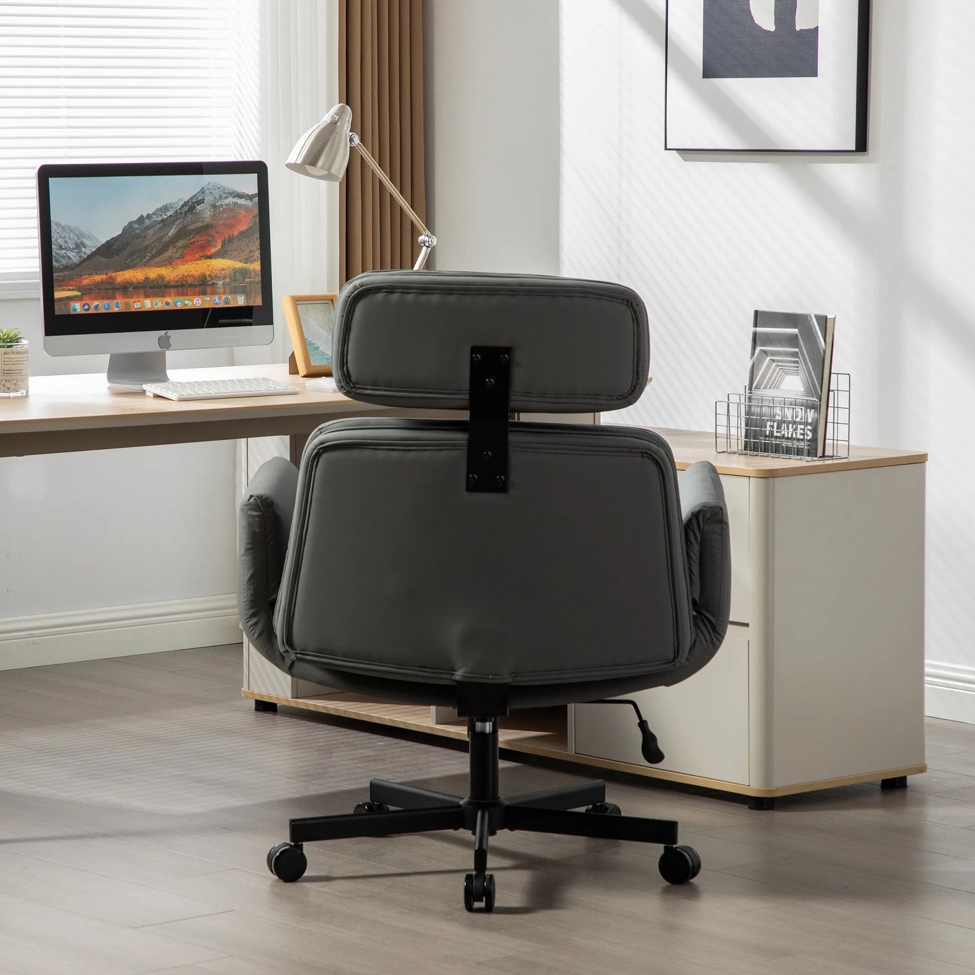 Criss Cross Chair with Adjustable Armrests & Wheels & Headrest, PU Lounge Vanity Desk Chair with Wide Seat for Cross-Legged Sitting, Swivel Task Office Chairs for Home, Makeup, Gaming, Office, Gray detail view 10
