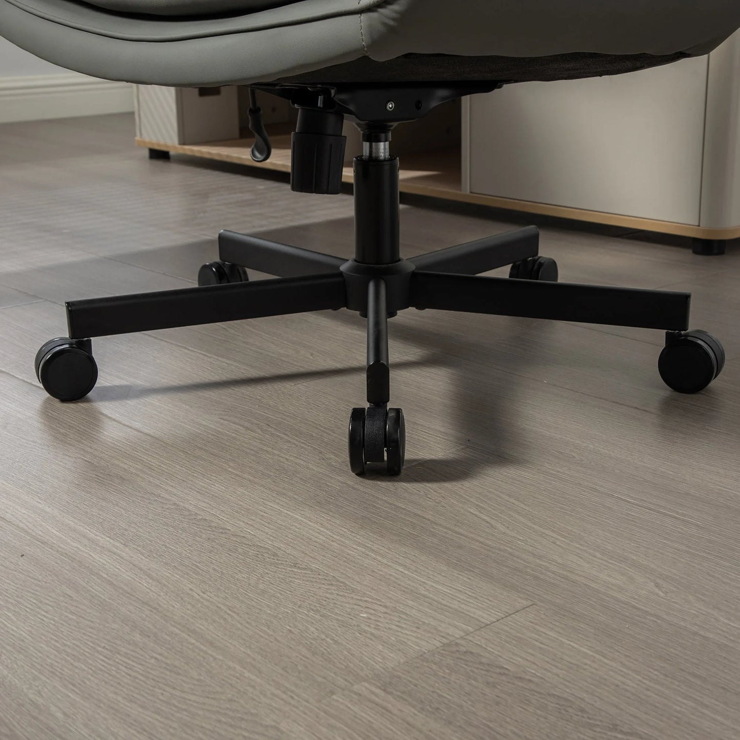 Criss Cross Chair with Adjustable Armrests & Wheels & Headrest, PU Lounge Vanity Desk Chair with Wide Seat for Cross-Legged Sitting, Swivel Task Office Chairs for Home, Makeup, Gaming, Office, Gray detail view 11