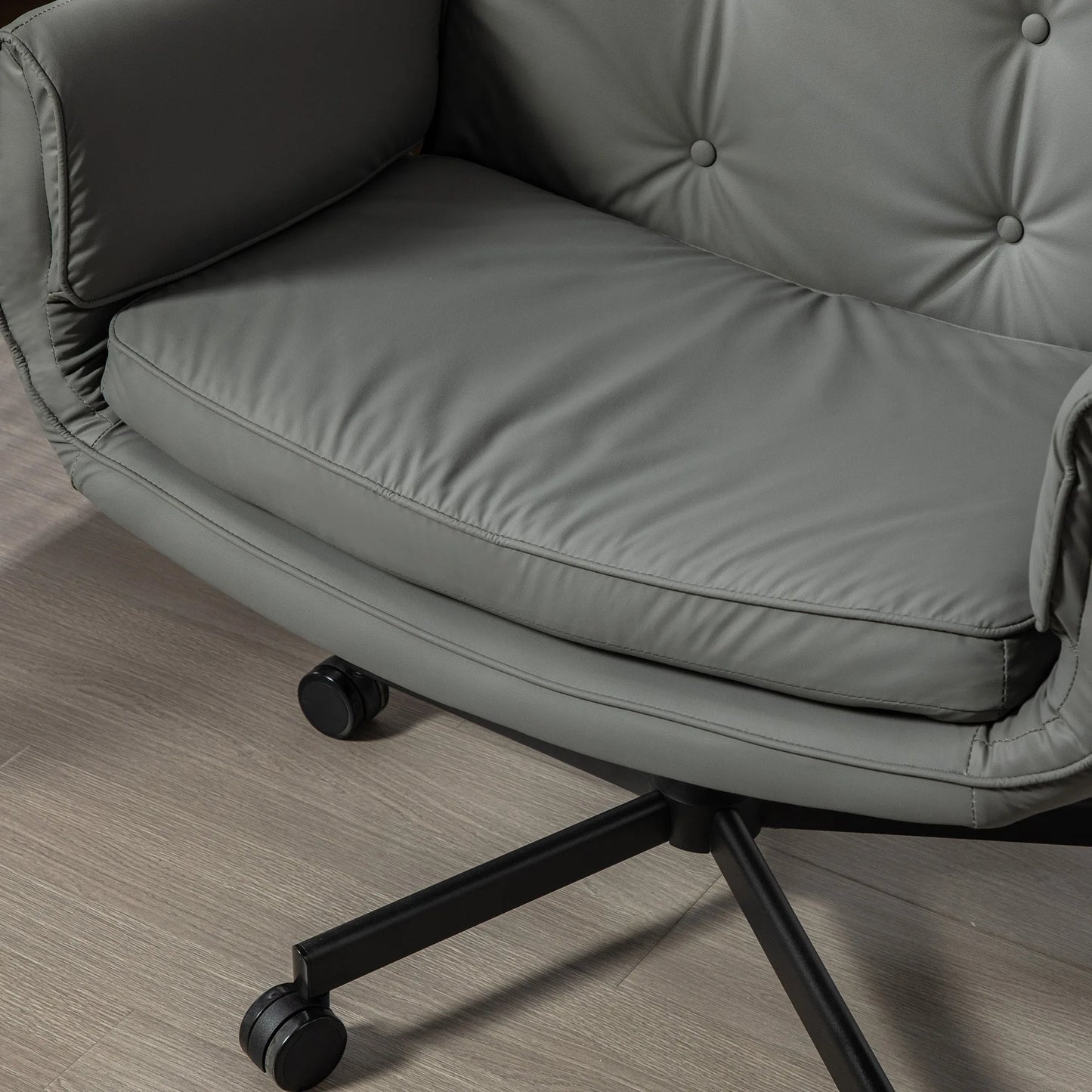 Criss Cross Chair with Adjustable Armrests & Wheels & Headrest, PU Lounge Vanity Desk Chair with Wide Seat for Cross-Legged Sitting, Swivel Task Office Chairs for Home, Makeup, Gaming, Office, Gray detail view 14