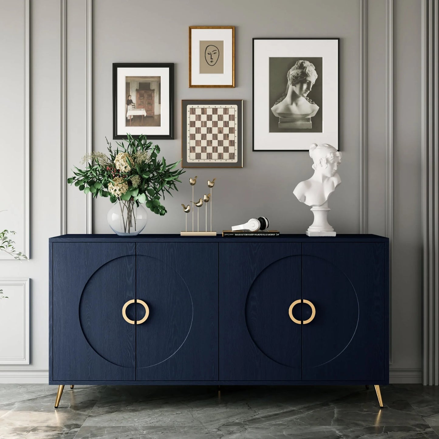 Modern Lacquered 4 Door Wooden Cabinet Sideboard Buffet Server Cabinet Storage Cabinet, for Living Room, Entryway, Hallway, Office, Kitchen and Dining Room, Navy Blue lifestyle view