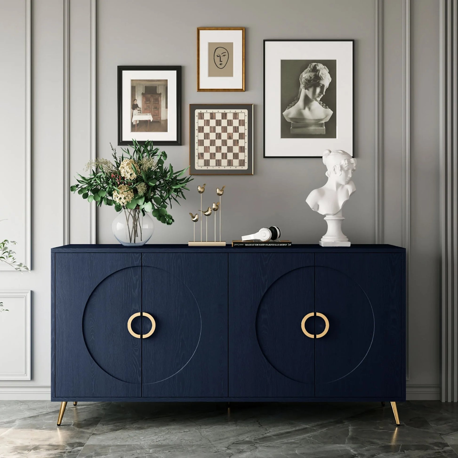 Modern Lacquered 4 Door Wooden Cabinet Sideboard Buffet Server Cabinet Storage Cabinet, for Living Room, Entryway, Hallway, Office, Kitchen and Dining Room, Navy Blue lifestyle view