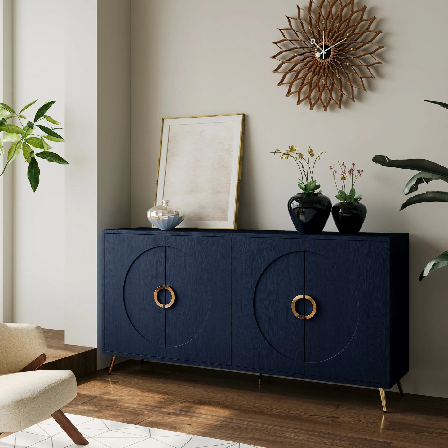 Modern Lacquered 4 Door Wooden Cabinet Sideboard Buffet Server Cabinet Storage Cabinet, for Living Room, Entryway, Hallway, Office, Kitchen and Dining Room, Navy Blue detail view 2