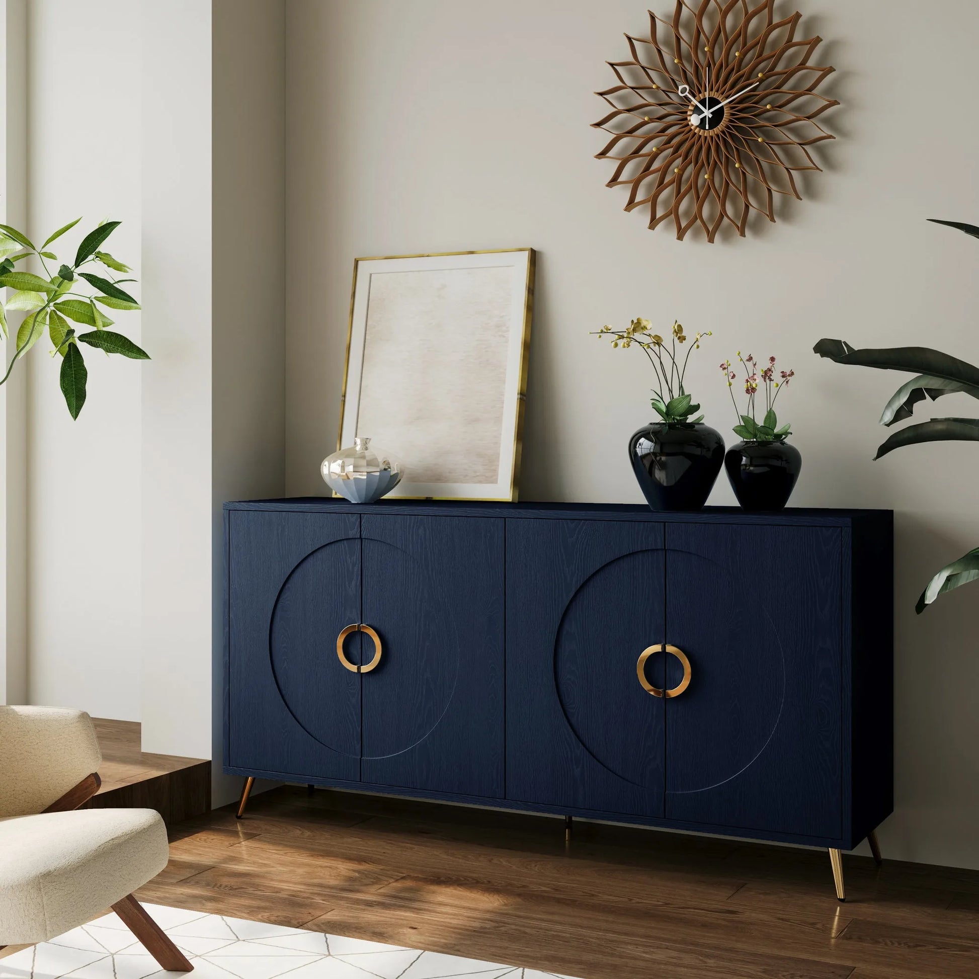 Modern Lacquered 4 Door Wooden Cabinet Sideboard Buffet Server Cabinet Storage Cabinet, for Living Room, Entryway, Hallway, Office, Kitchen and Dining Room, Navy Blue detail view 2