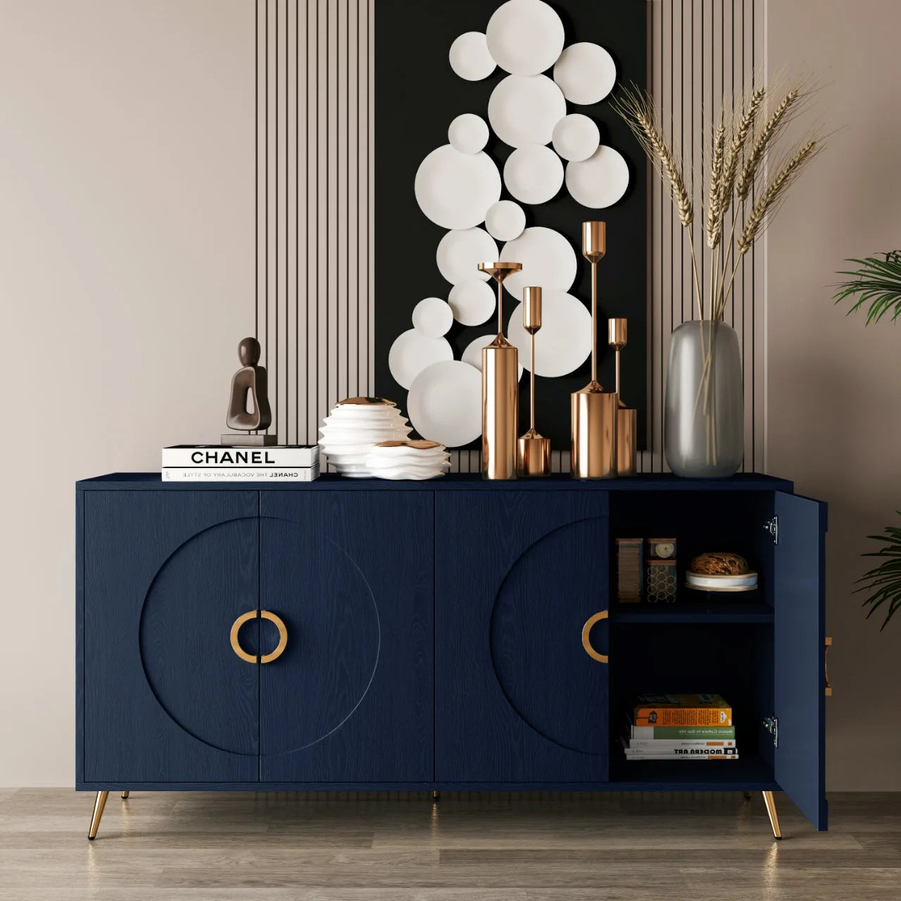 Modern Lacquered 4 Door Wooden Cabinet Sideboard Buffet Server Cabinet Storage Cabinet, for Living Room, Entryway, Hallway, Office, Kitchen and Dining Room, Navy Blue detail view 3