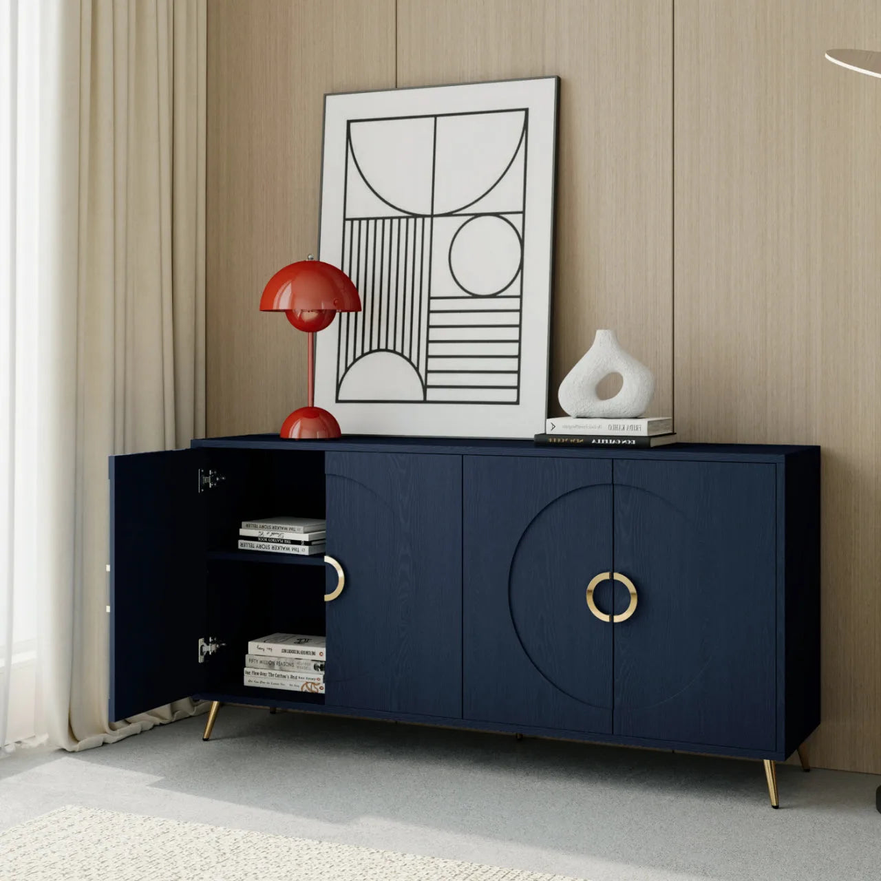Modern Lacquered 4 Door Wooden Cabinet Sideboard Buffet Server Cabinet Storage Cabinet, for Living Room, Entryway, Hallway, Office, Kitchen and Dining Room, Navy Blue detail view 4