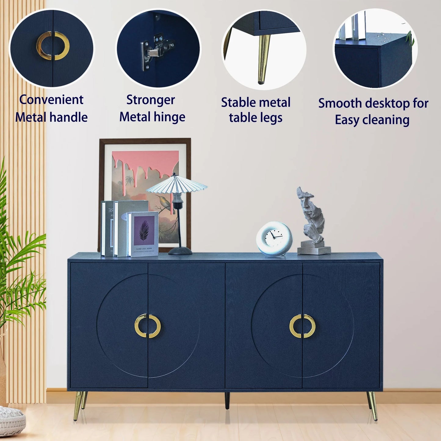 Modern Lacquered 4 Door Wooden Cabinet Sideboard Buffet Server Cabinet Storage Cabinet, for Living Room, Entryway, Hallway, Office, Kitchen and Dining Room, Navy Blue detail view 6